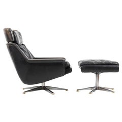 Danish Leather Swivel Lounge Chair and Ottoman by Werner Langenfeld for ESA