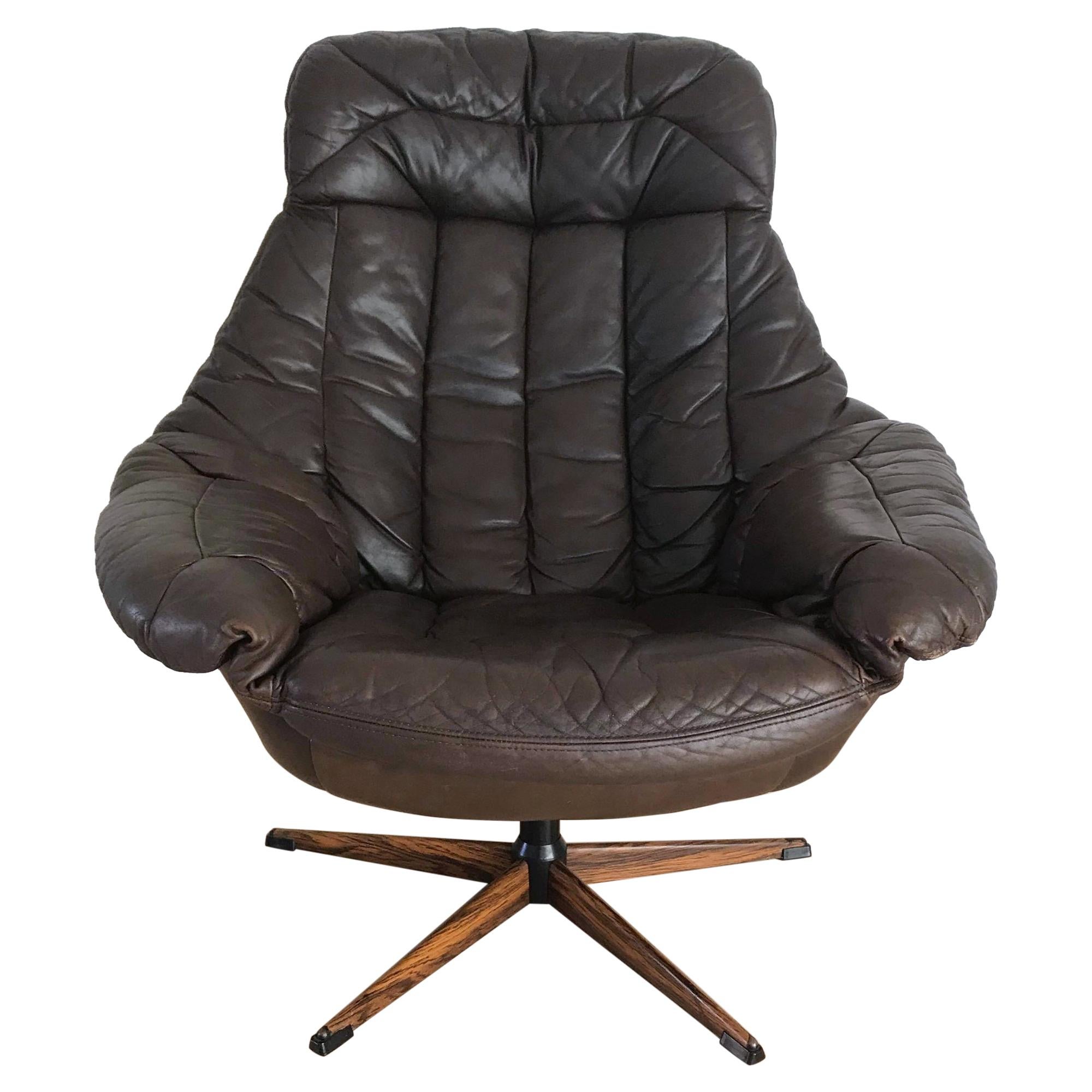 Danish Leather Swivel Lounge Chair by H.W. Klein for Bramin