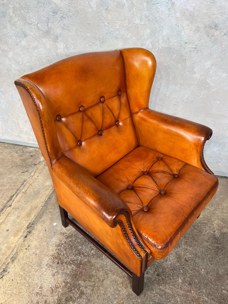 Danish Leather Wingback Armchair Vintage 1970 Hand Dyed Light Tan 592