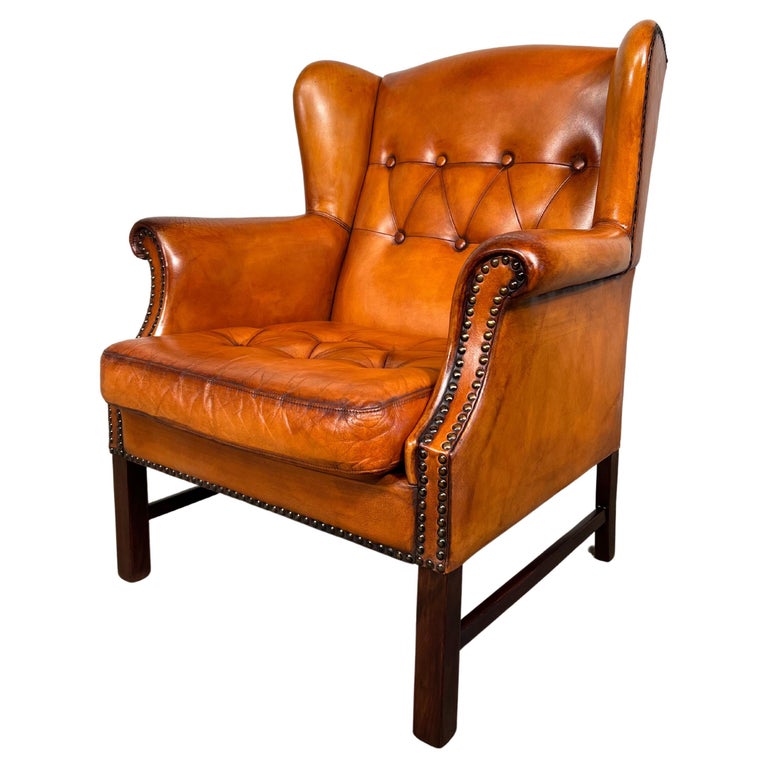 Danish Leather Wingback Armchair Vintage 1970 Hand Dyed Light Tan 592