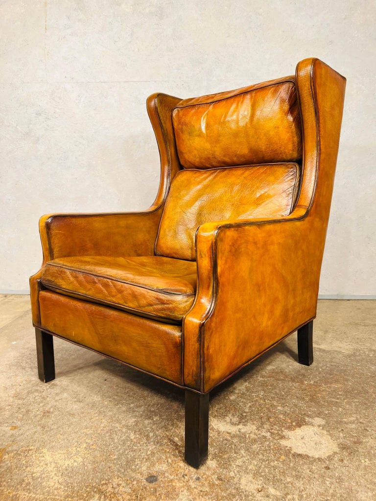 Danish Leather Wingback Armchair Vintage 1970 Hand Dyed Patinated Brown