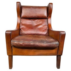 Danish Leather Wingback Armchair Vintage 1970 Hand Dyed Patinated Brown #566