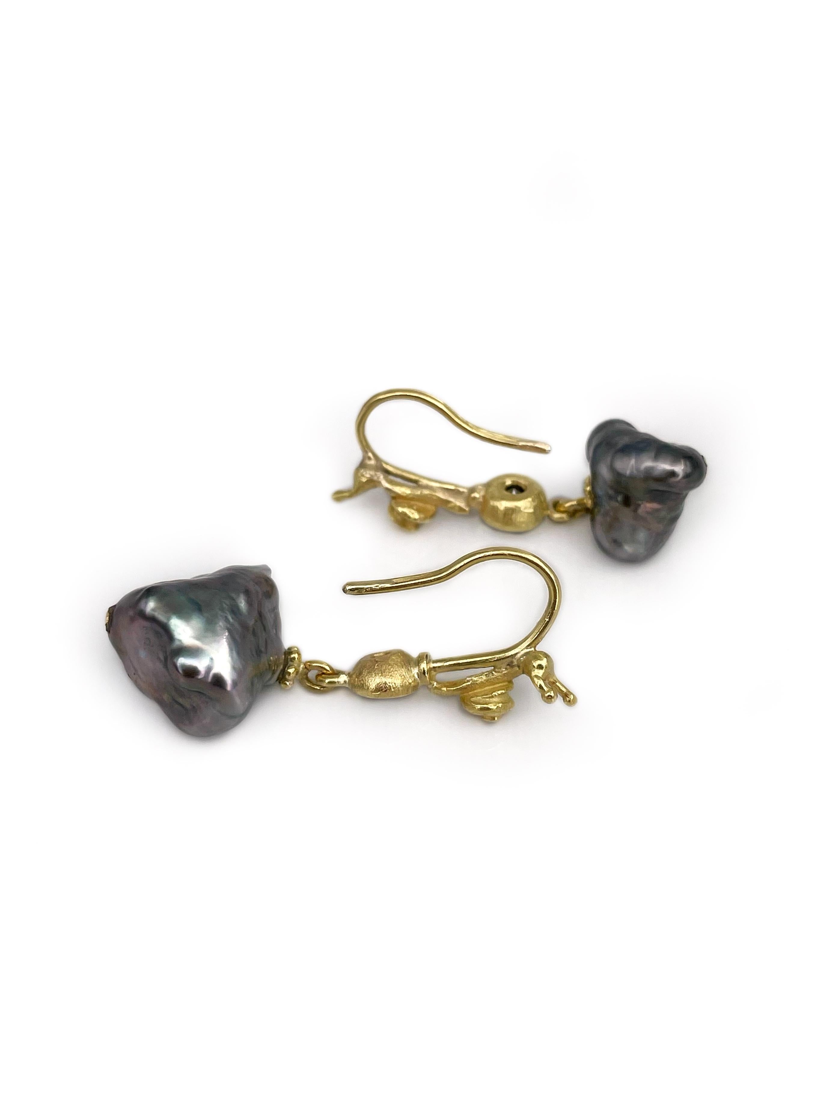 Modern Danish Lene Vibe 18 Karat Gold Diamond Tahitian Baroque Pearl Dangle Earrings