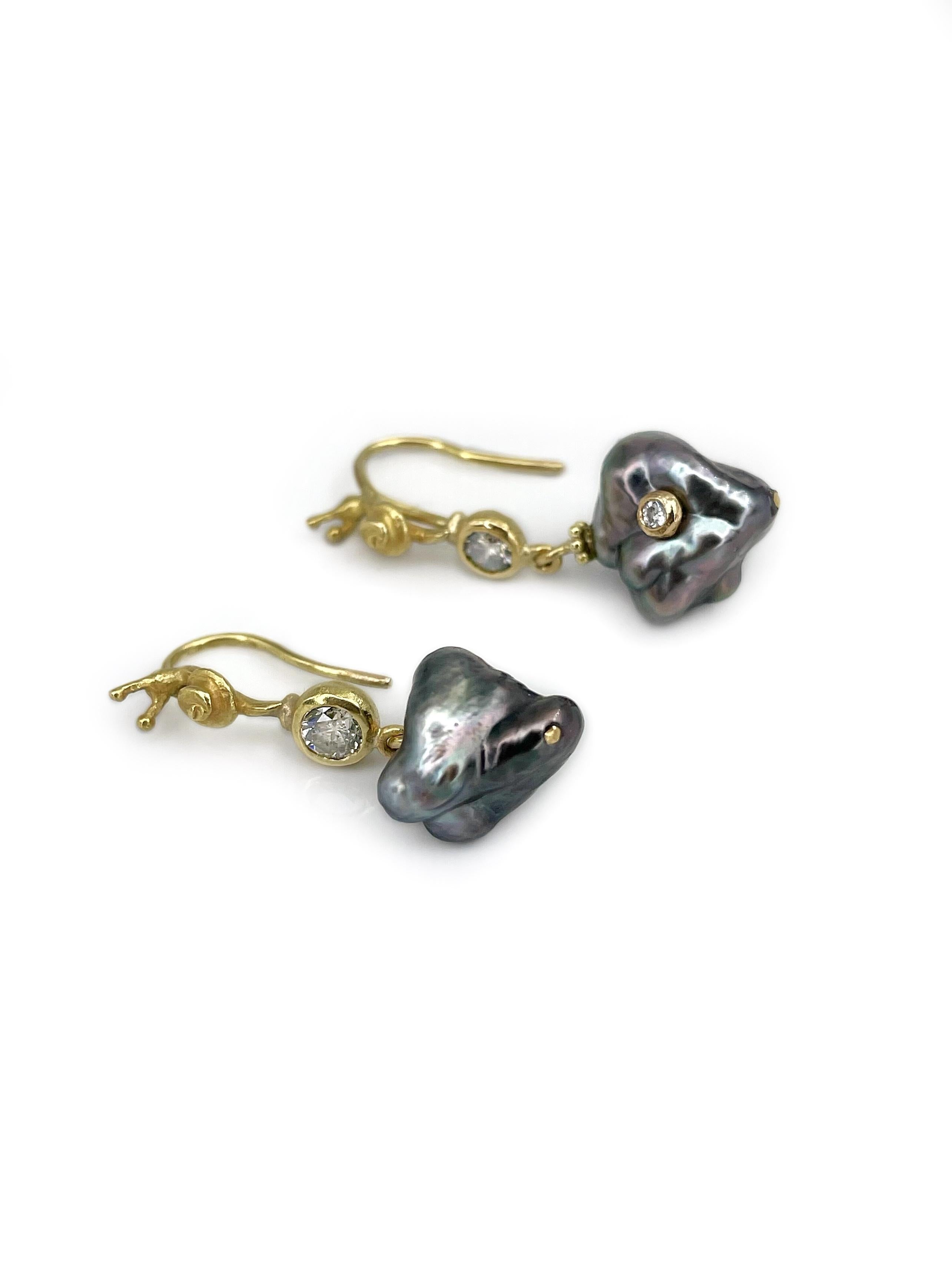 Mixed Cut Danish Lene Vibe 18 Karat Gold Diamond Tahitian Baroque Pearl Dangle Earrings