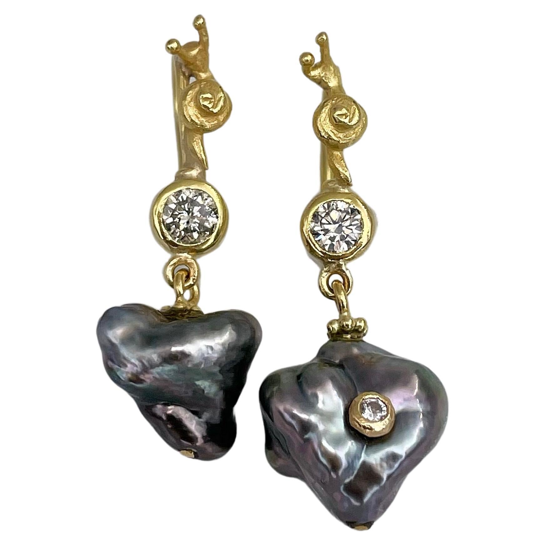 Danish Lene Vibe 18 Karat Gold Diamond Tahitian Baroque Pearl Dangle Earrings