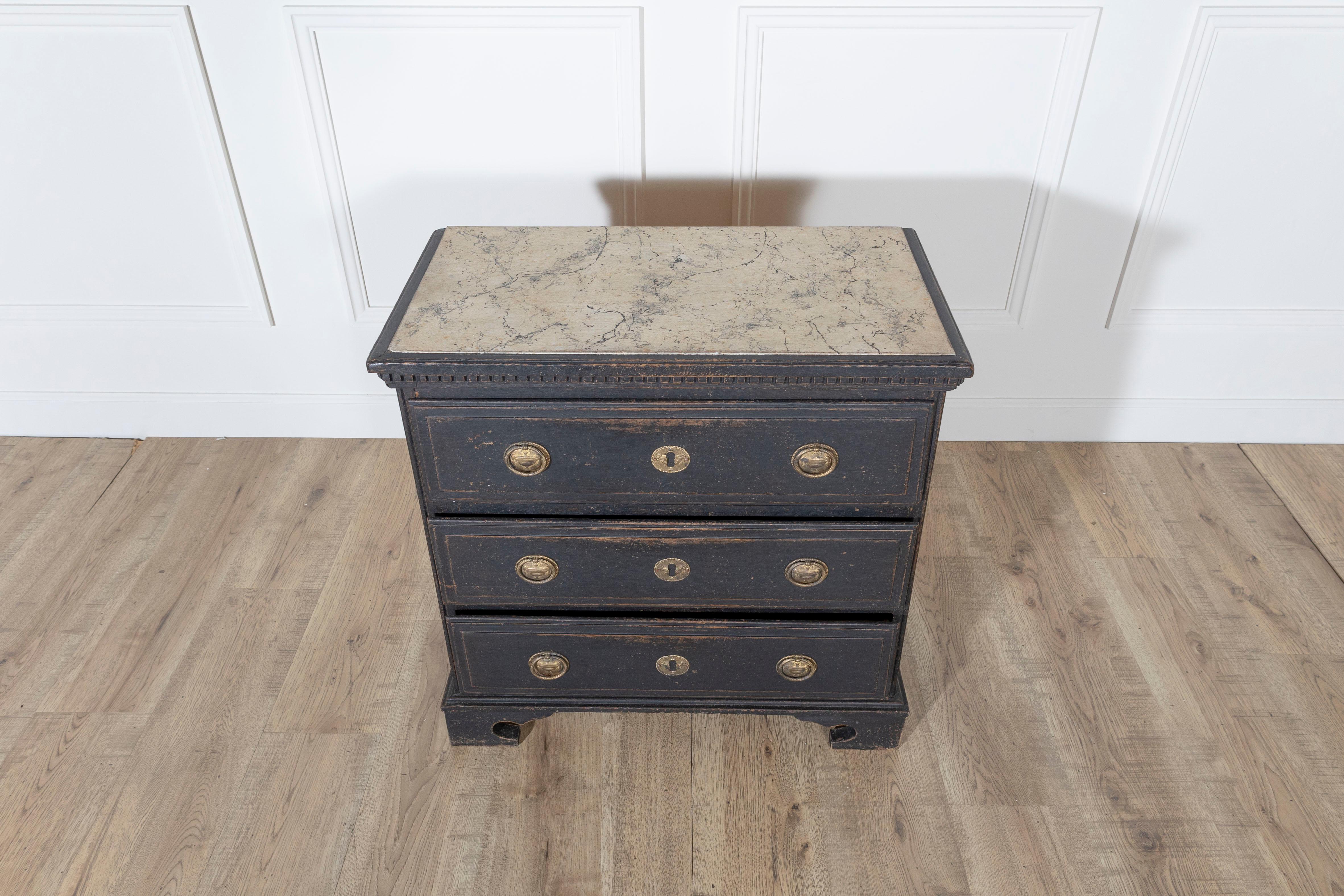 20th Century Danish Louis Seize Style Chest of Drawers with Painted Marble Top, circa 1920 For Sale