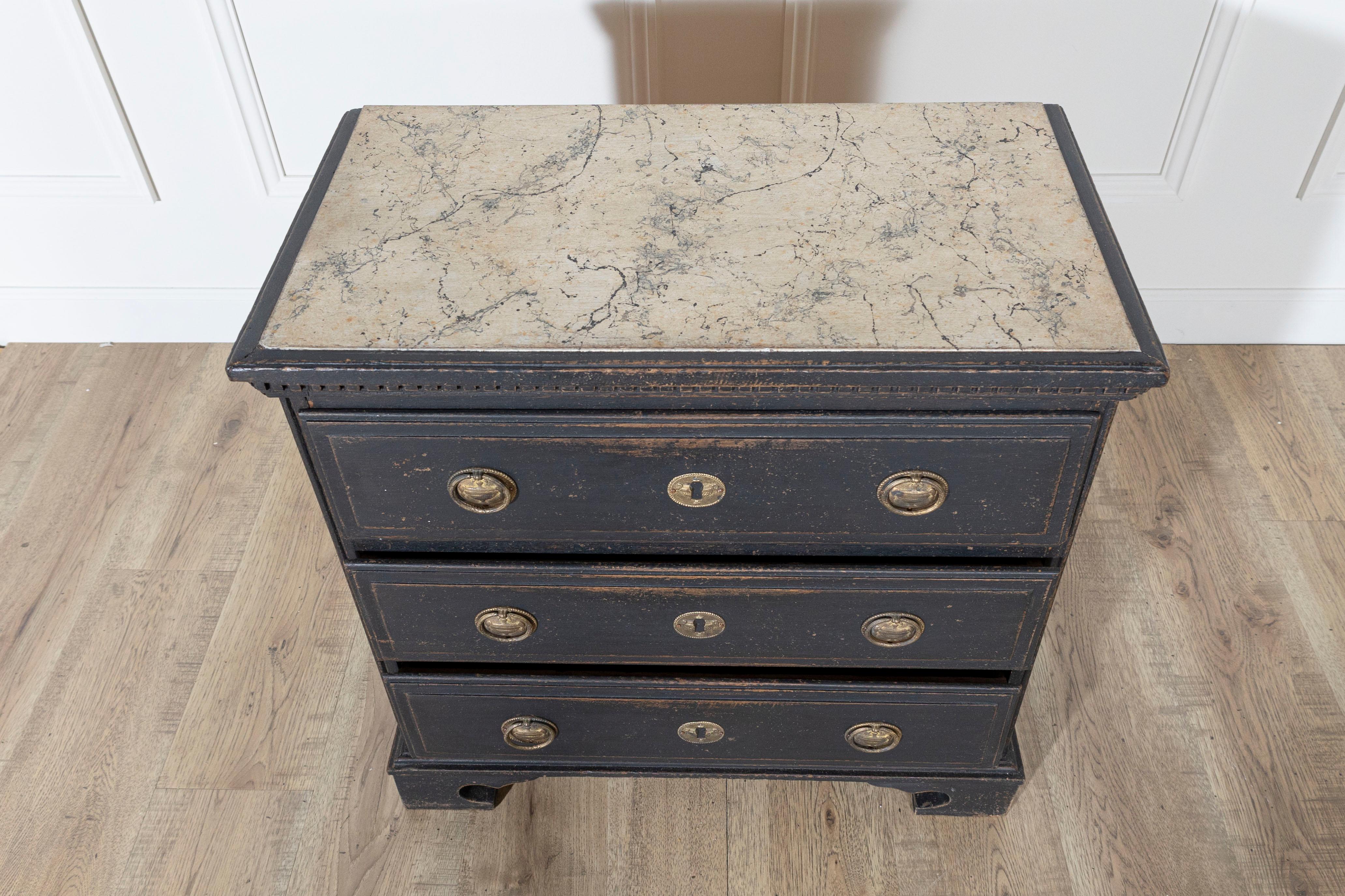 Pine Danish Louis Seize Style Chest of Drawers with Painted Marble Top, circa 1920 For Sale