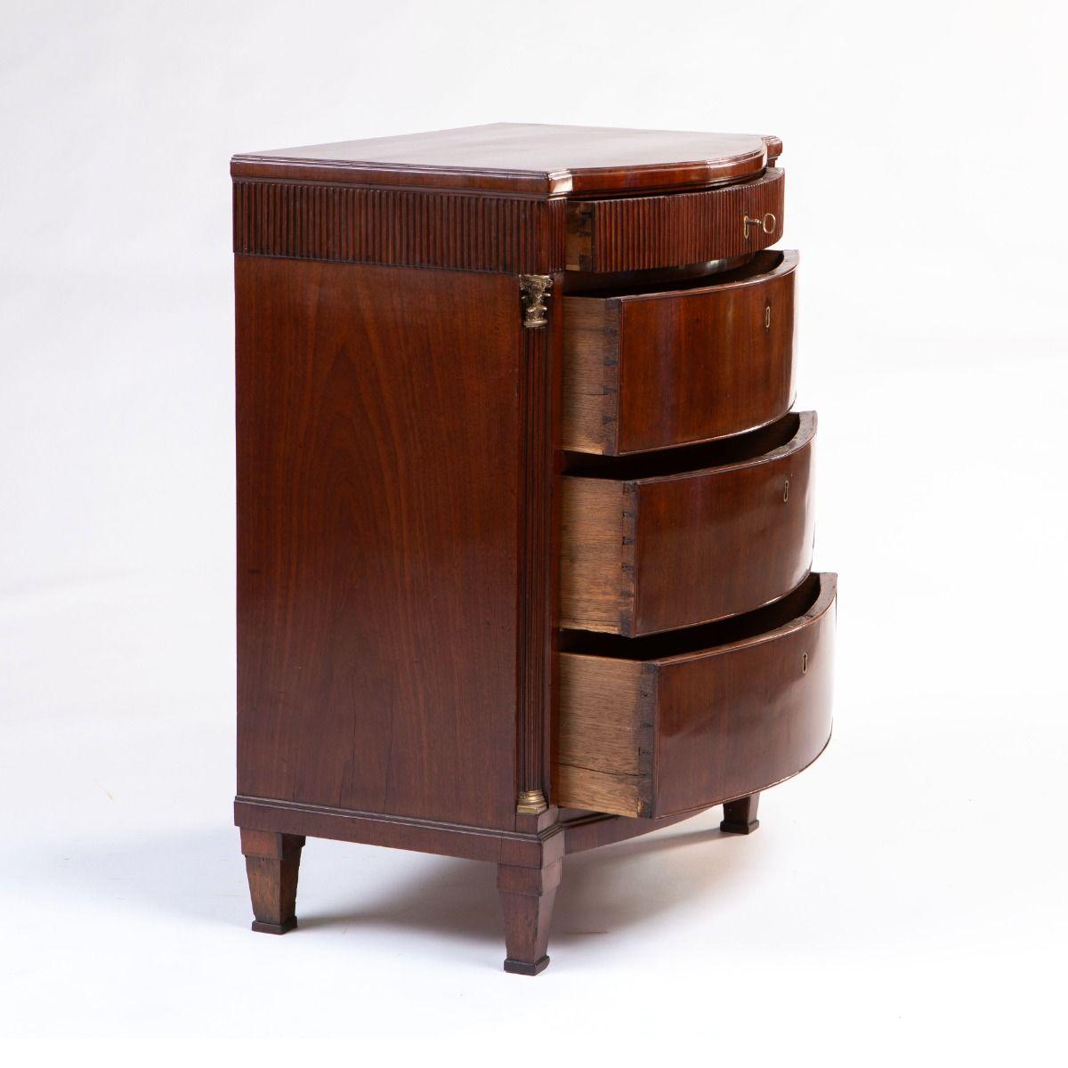 Gilt Danish Louis XVI Commode in Mahogany with Fluted Columns and Bronze Capitals For Sale
