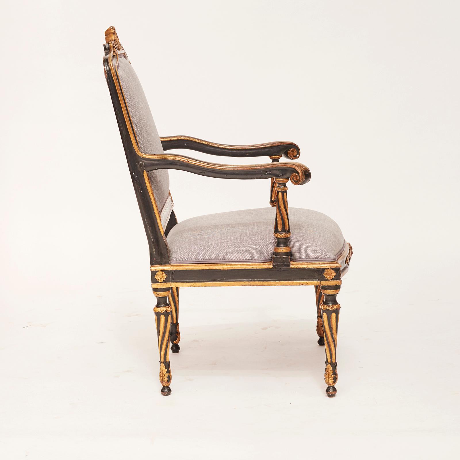 A Danish Louis XVI painted and parcel-gilt Fauteuil a La Reine, circa 1780s, of classic form with interesting twist carved fluting to the arm supports and legs.
New linen fabric by Colefax & Fowler.