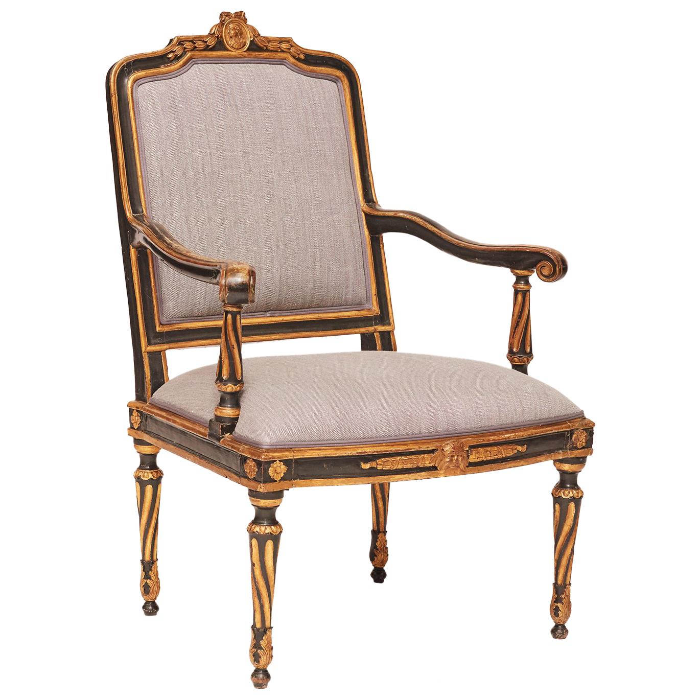 Danish Louis XVI Painted and Parcel-Gilt Fauteuil a La Reine, circa 1780s