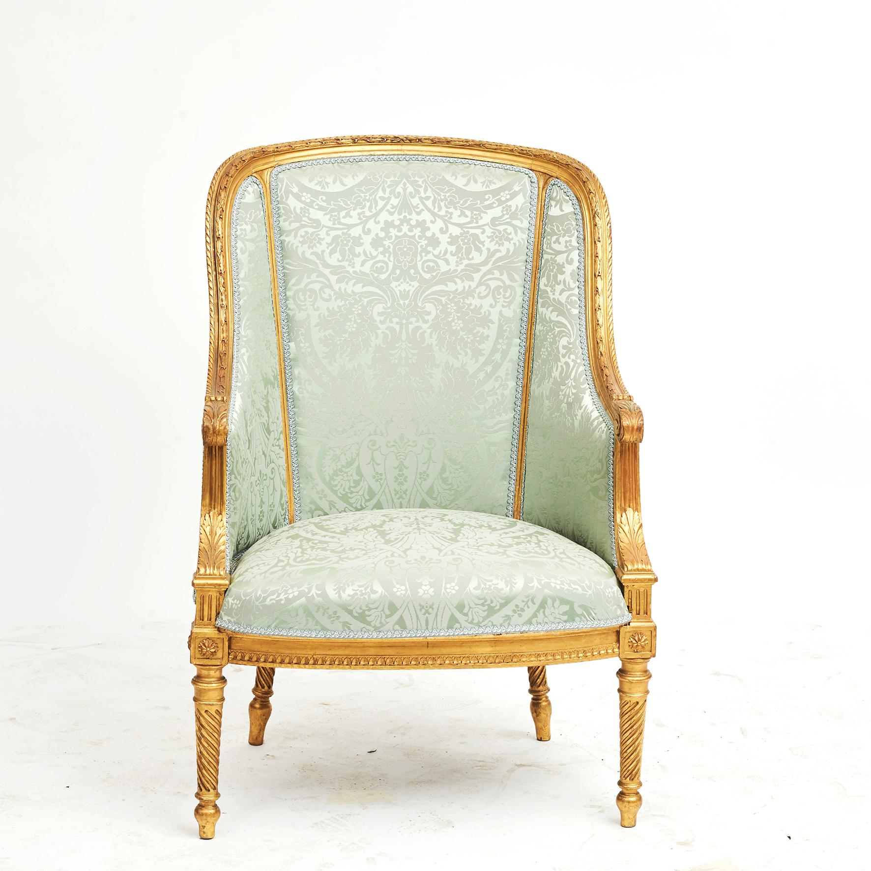 Louis XVI style wing chair. Hand carved giltwood. Royal provenance.
Presumably manufactured by C.B. Hansen (Royal Purveyor) circa 1900.
Untouched original condition (good).
