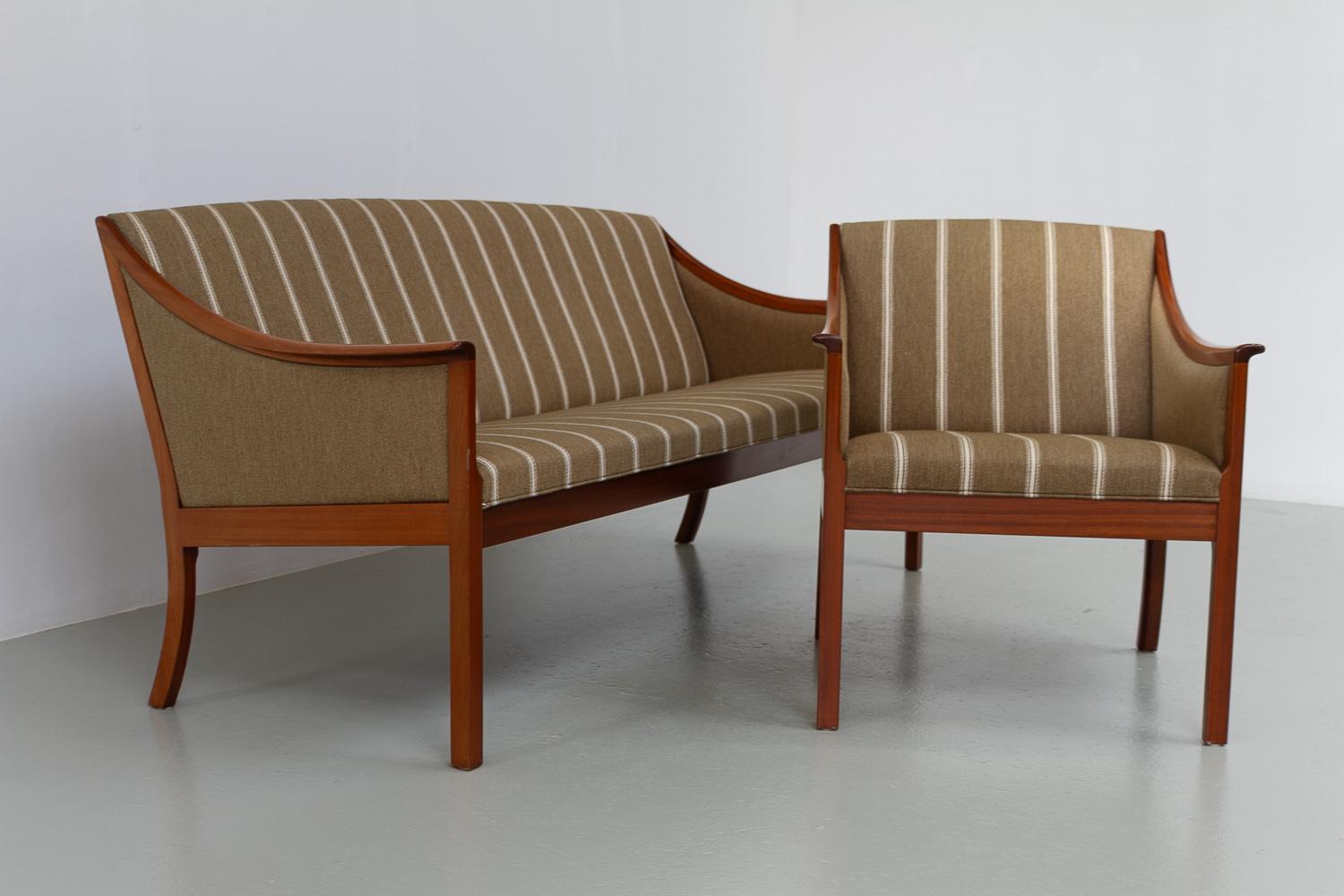 Danish Lounge Chair and 3 Seater Sofa by Ole Wanscher for PJ Møbler, 1960s. 

Scandinavian Mid-Century Modern living room set designed by professor Ole Wanscher for Poul Jeppesens Møbelfabrik A/S Denmark. 
Light and elegant three seater sofa and