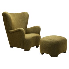 Danish Lounge Chair and Footstool in Moss Green Upholstery, Denmark ca 1940s