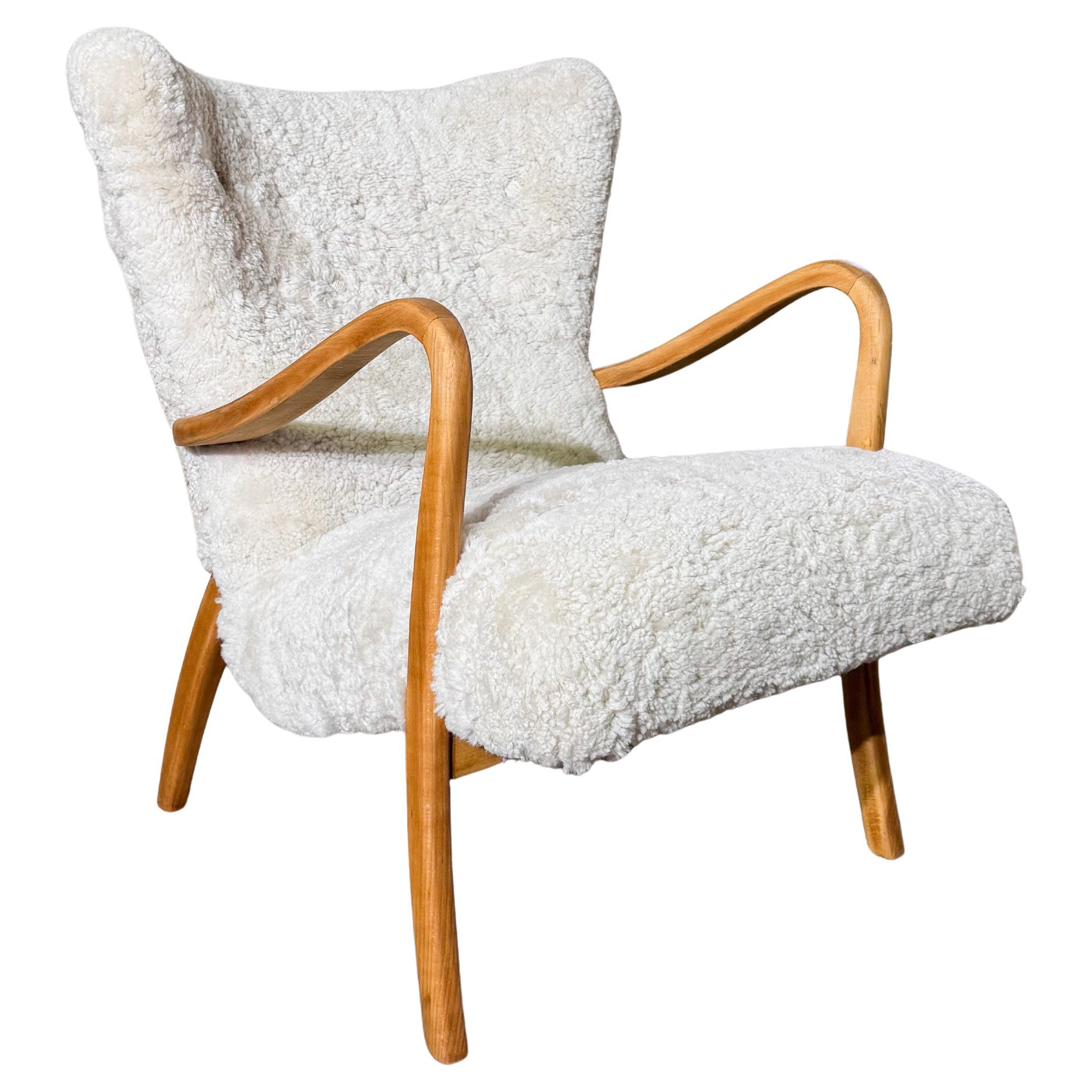 Silla de salón danesa Haya y piel de oveja tapizada - Escandinavo Moderno Años 40