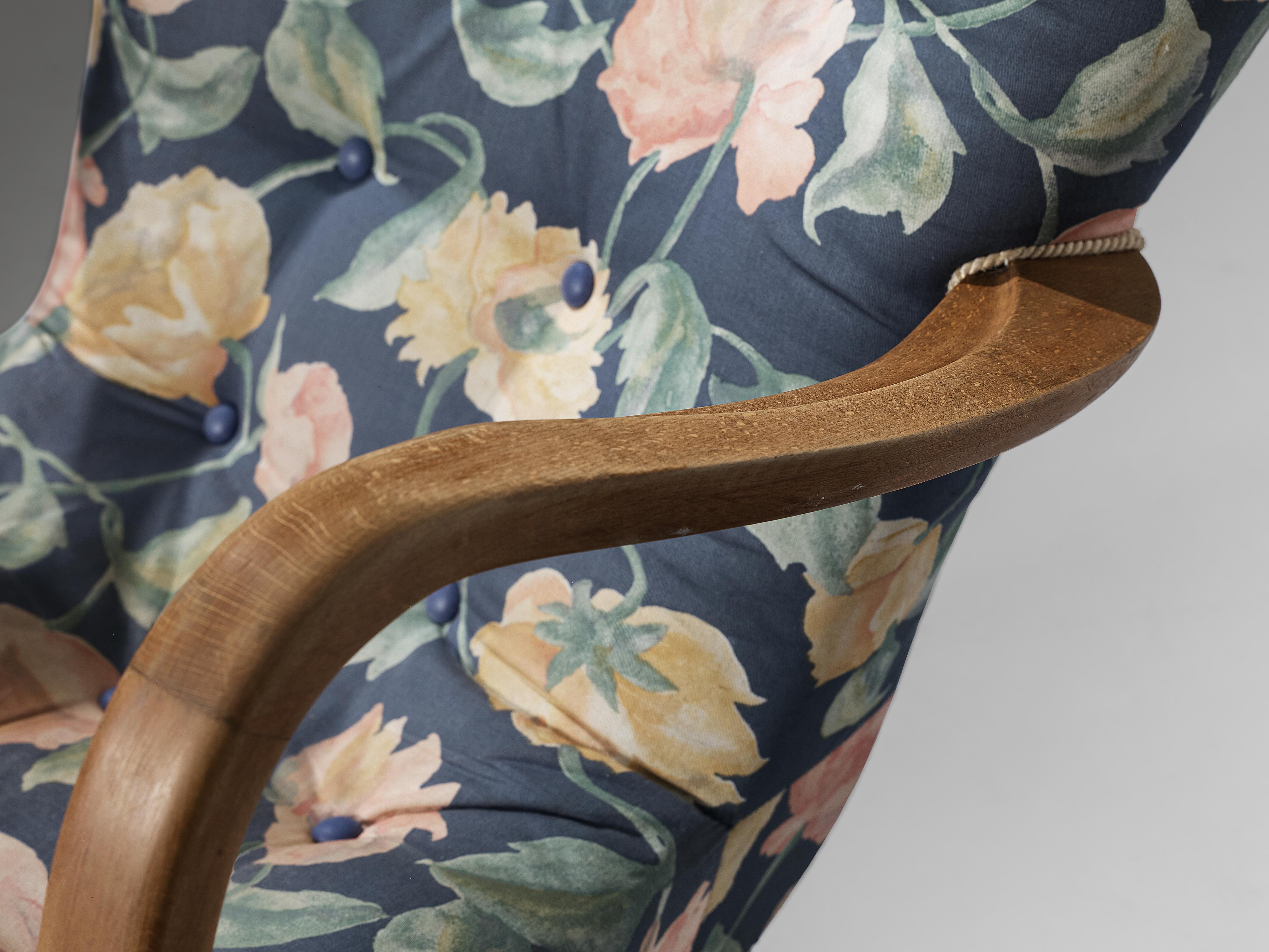 Scandinavian Modern Danish Lounge Chair Beech in Floral Upholstery