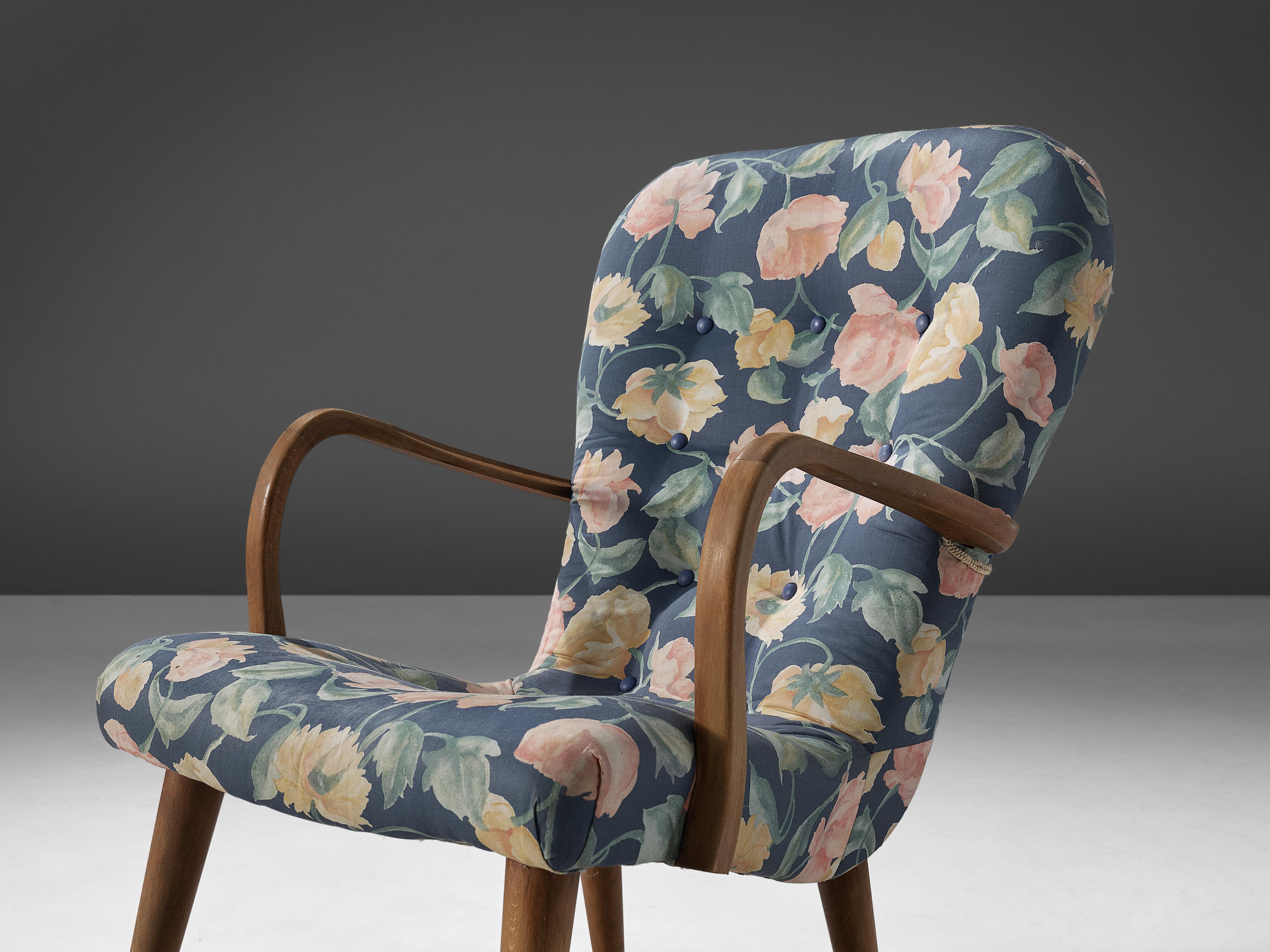 Danish Lounge Chair Beech in Floral Upholstery 1