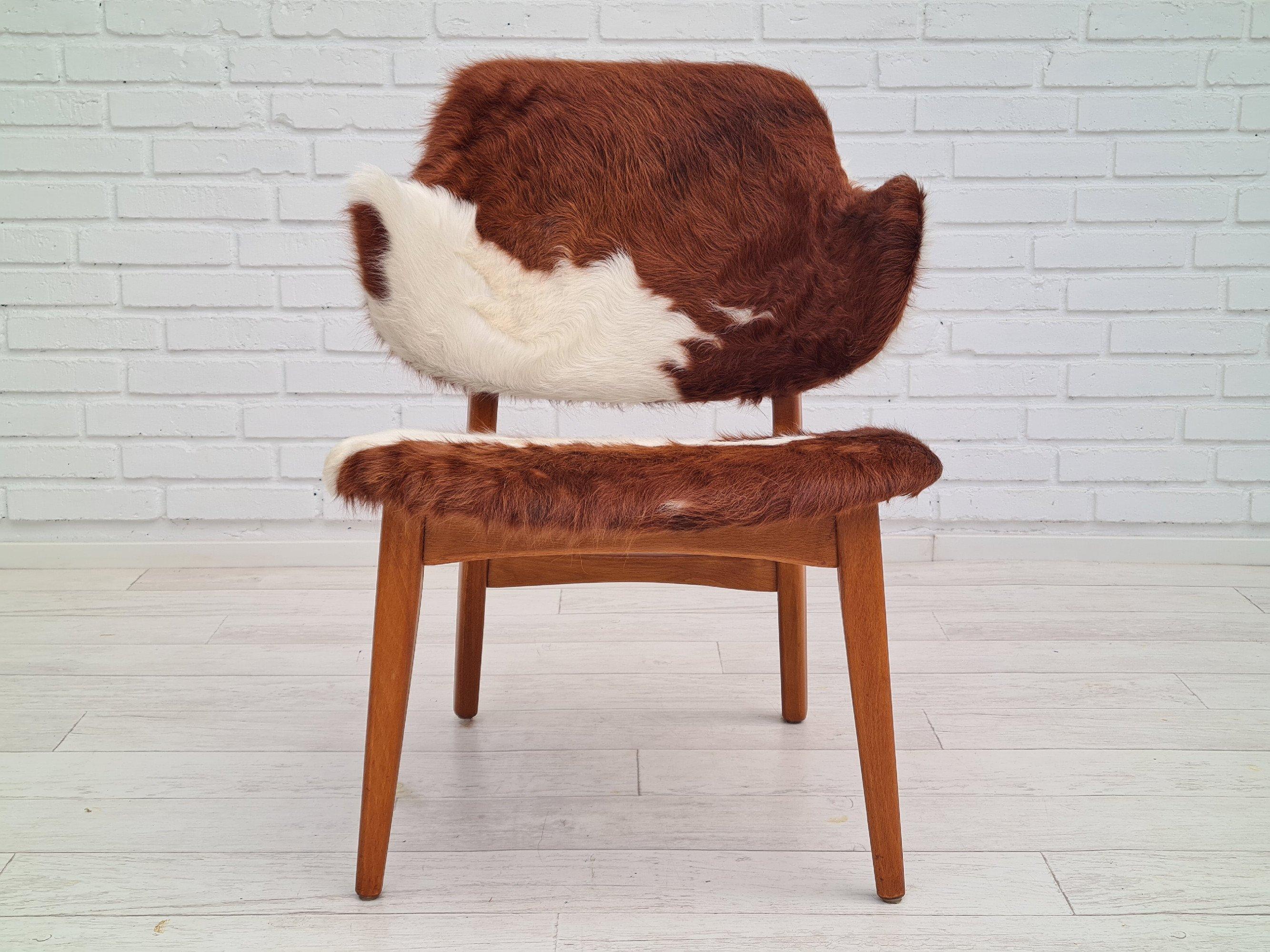 Danish Lounge Chair by Ib Kofod Larsen, 70s, Renovated, Cowhide In Good Condition In Tarm, 82