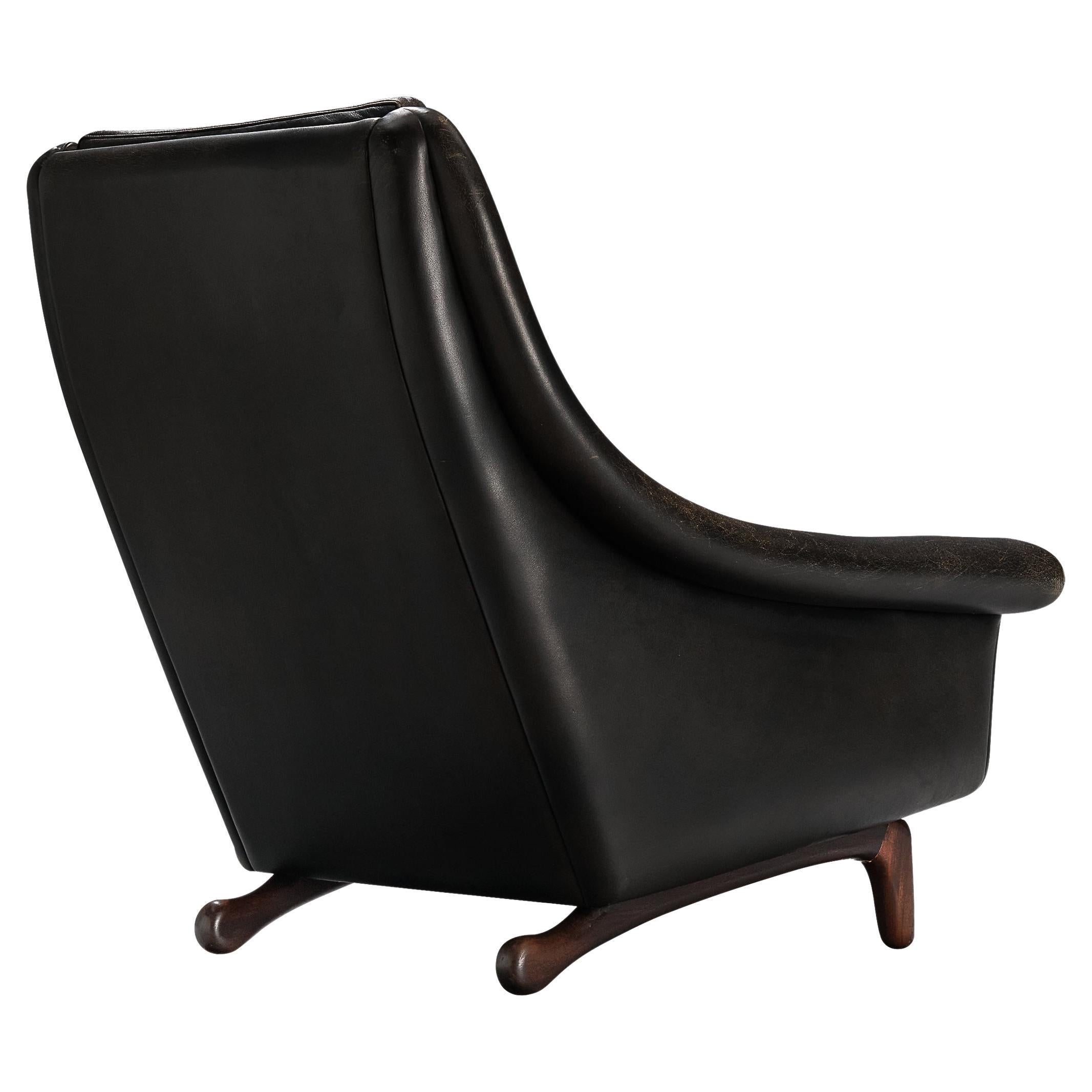 Danish Lounge Chair in Black Leather and Teak For Sale