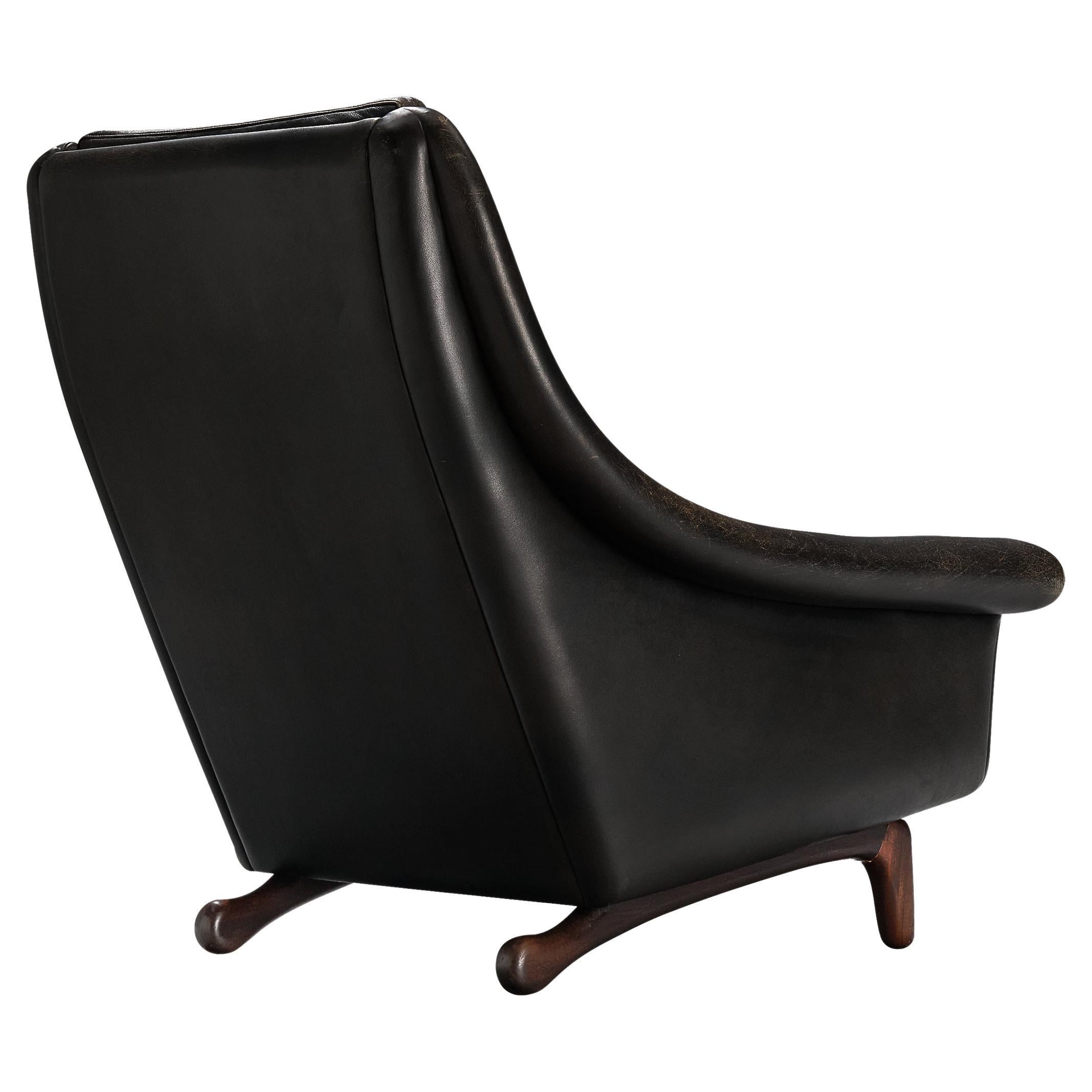 Danish Lounge Chair in Black Leather and Teak