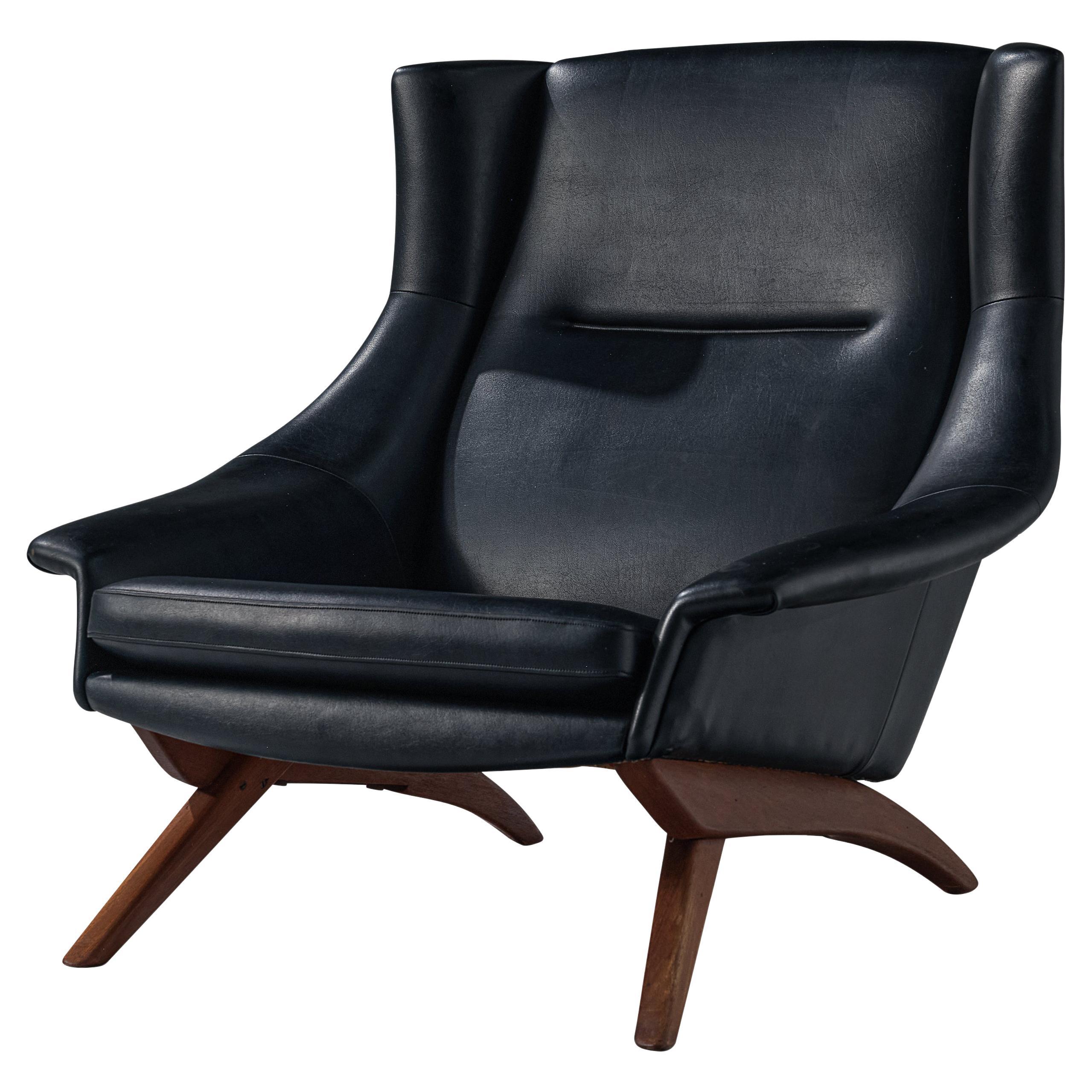 Danish Lounge Chair in Black Leather and Teak 