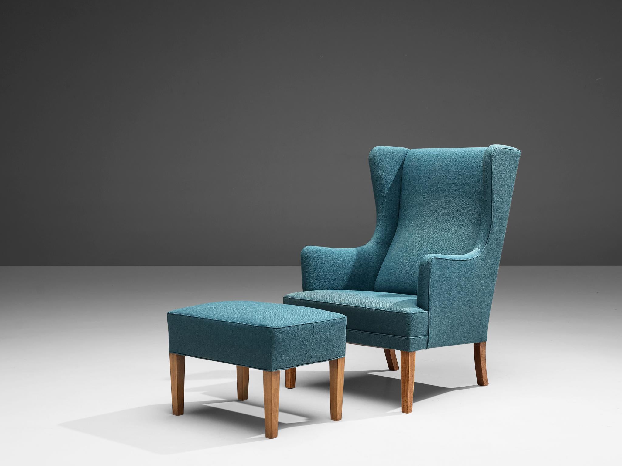 Mid-20th Century Danish Lounge Chair with Ottoman in Blue Upholstery For Sale