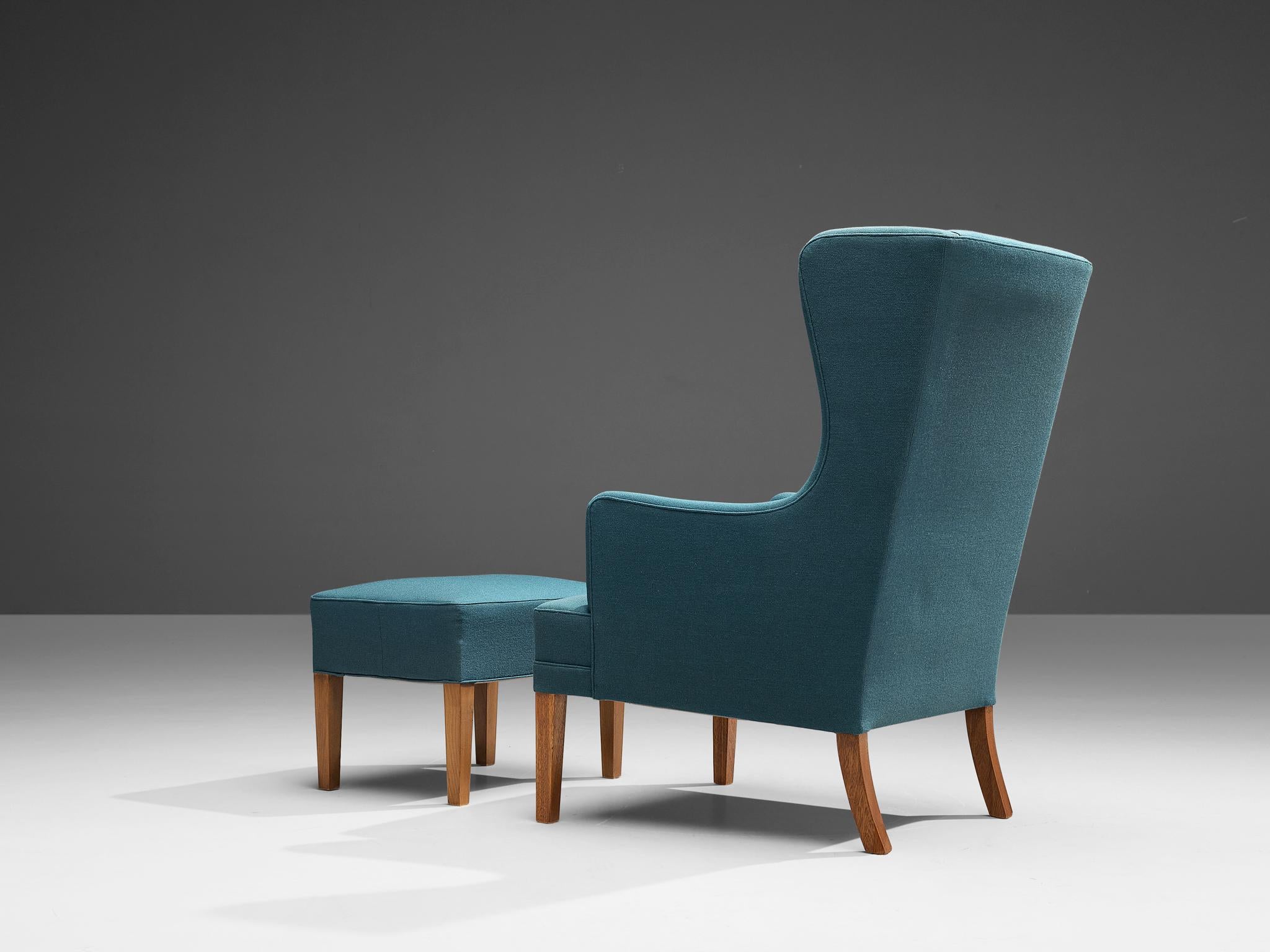 Fabric Danish Lounge Chair with Ottoman in Blue Upholstery For Sale