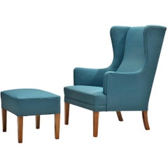 Danish Lounge Chair with Ottoman in Blue Upholstery 