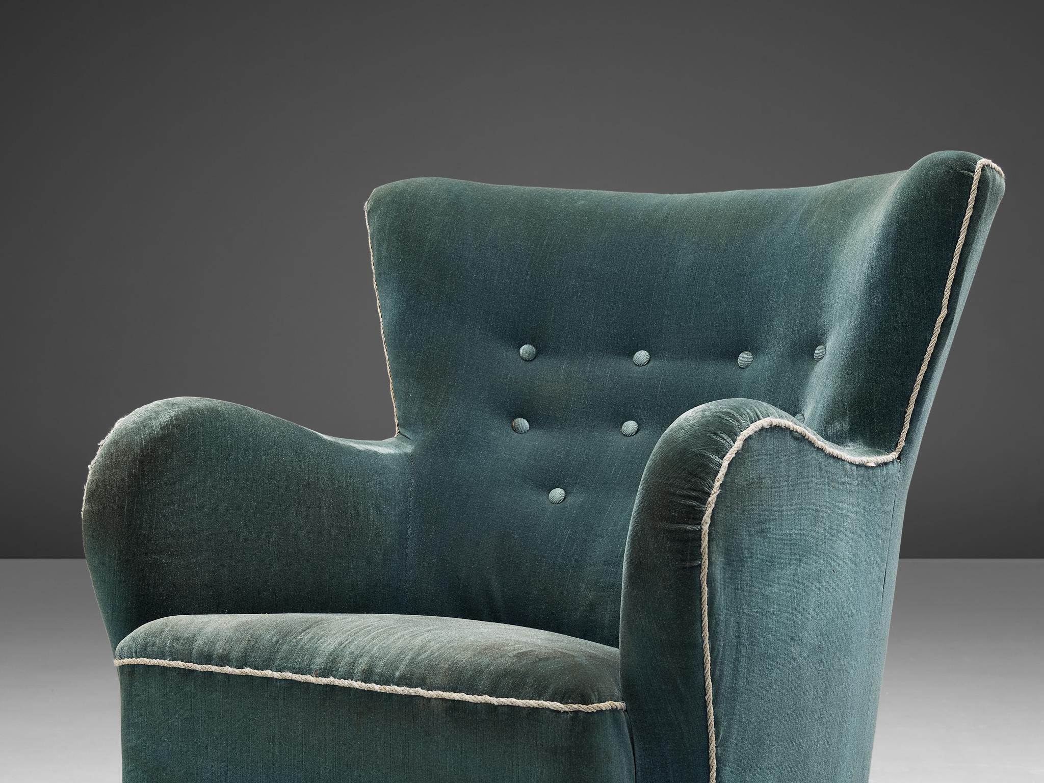 Danish Lounge Chair in Blue Velvet Upholstery In Good Condition In Waalwijk, NL