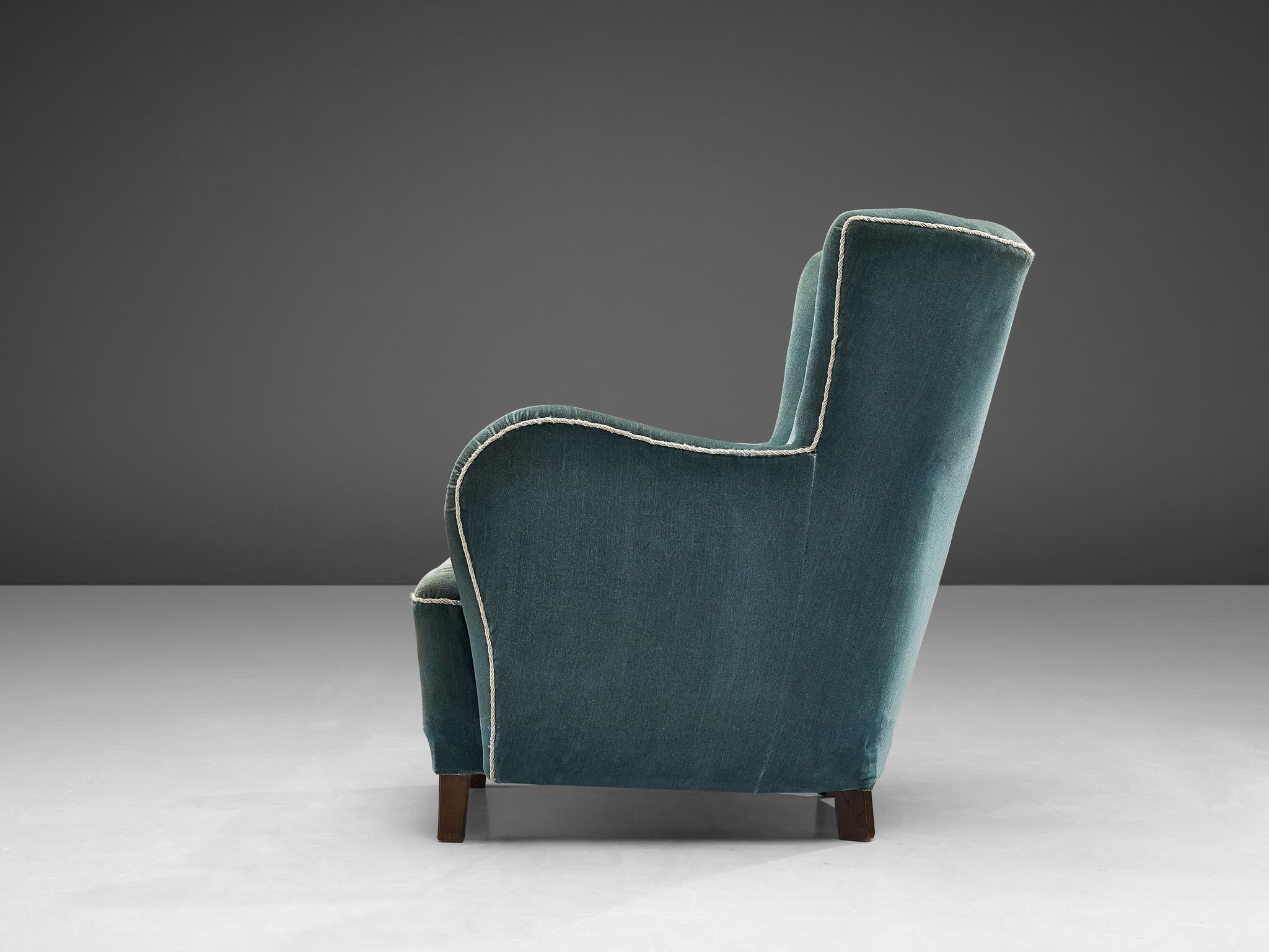 Mid-20th Century Danish Lounge Chair in Blue Velvet Upholstery