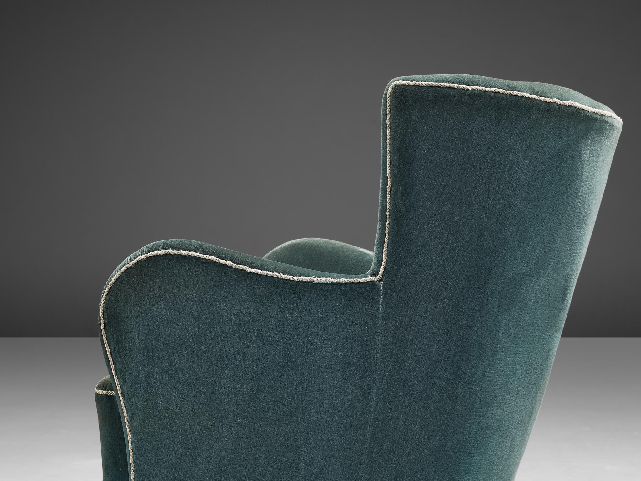 Fabric Danish Lounge Chair in Blue Velvet Upholstery