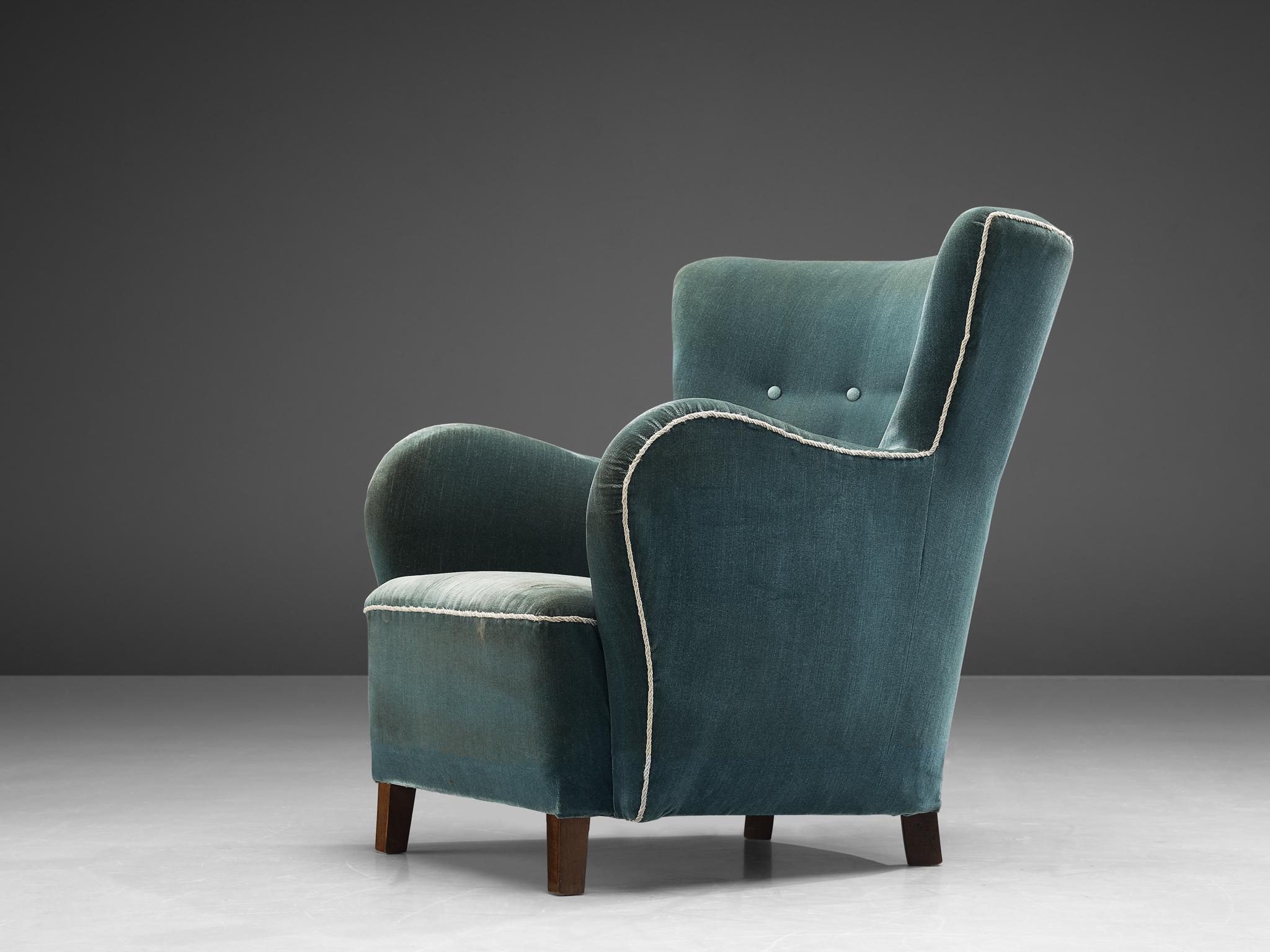 Danish Lounge Chair in Blue Velvet Upholstery 1