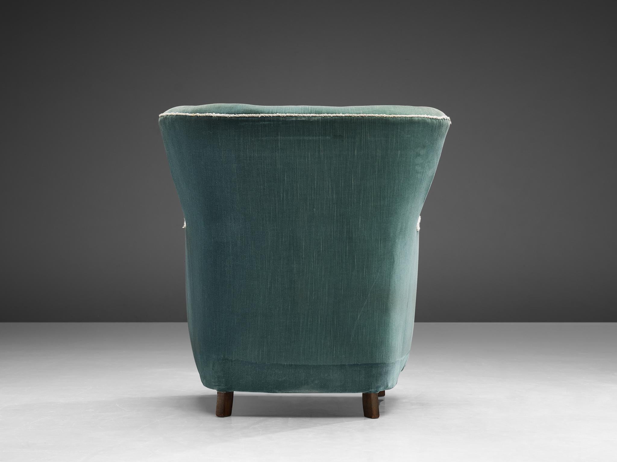 Danish Lounge Chair in Blue Velvet Upholstery 2