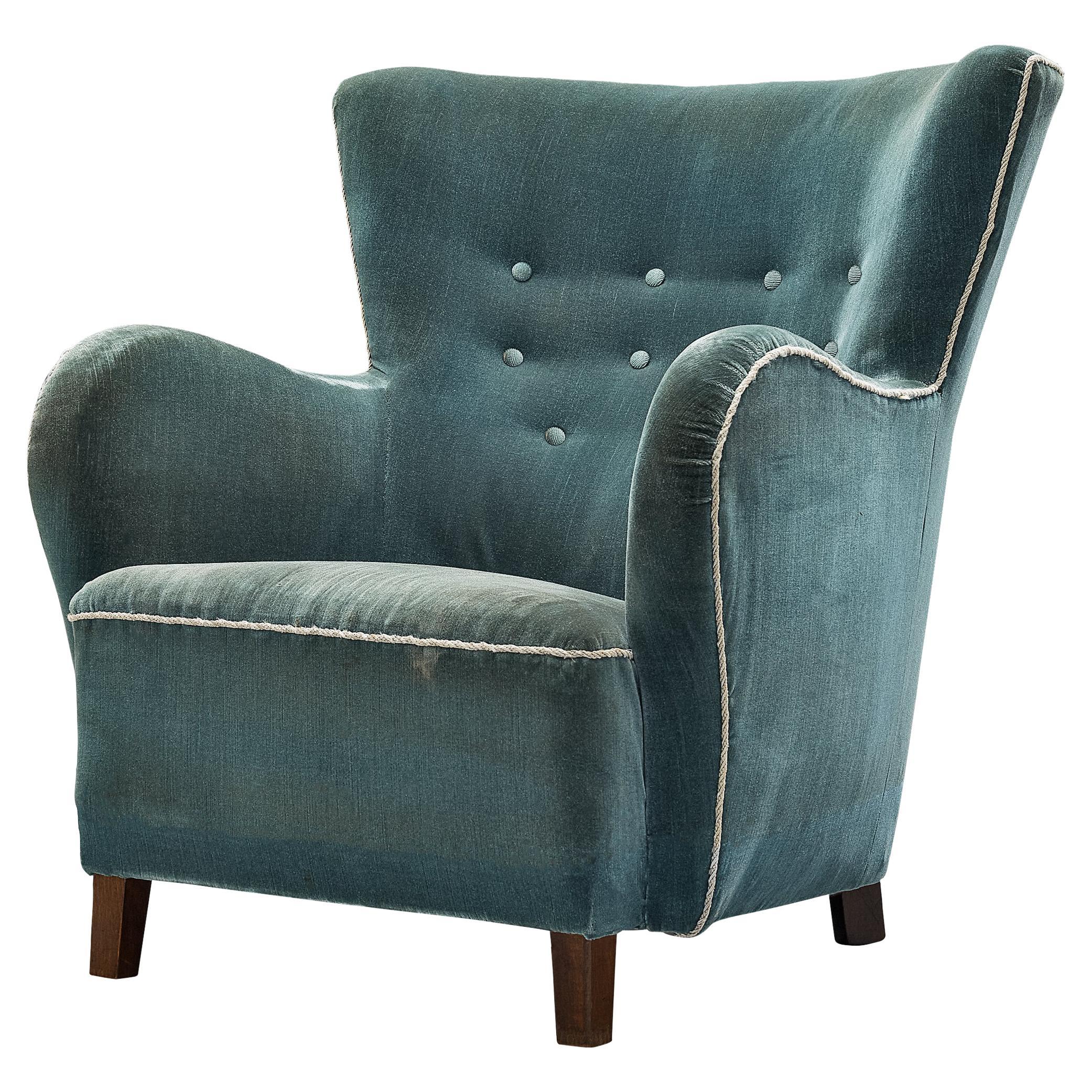 Danish Lounge Chair in Blue Velvet Upholstery