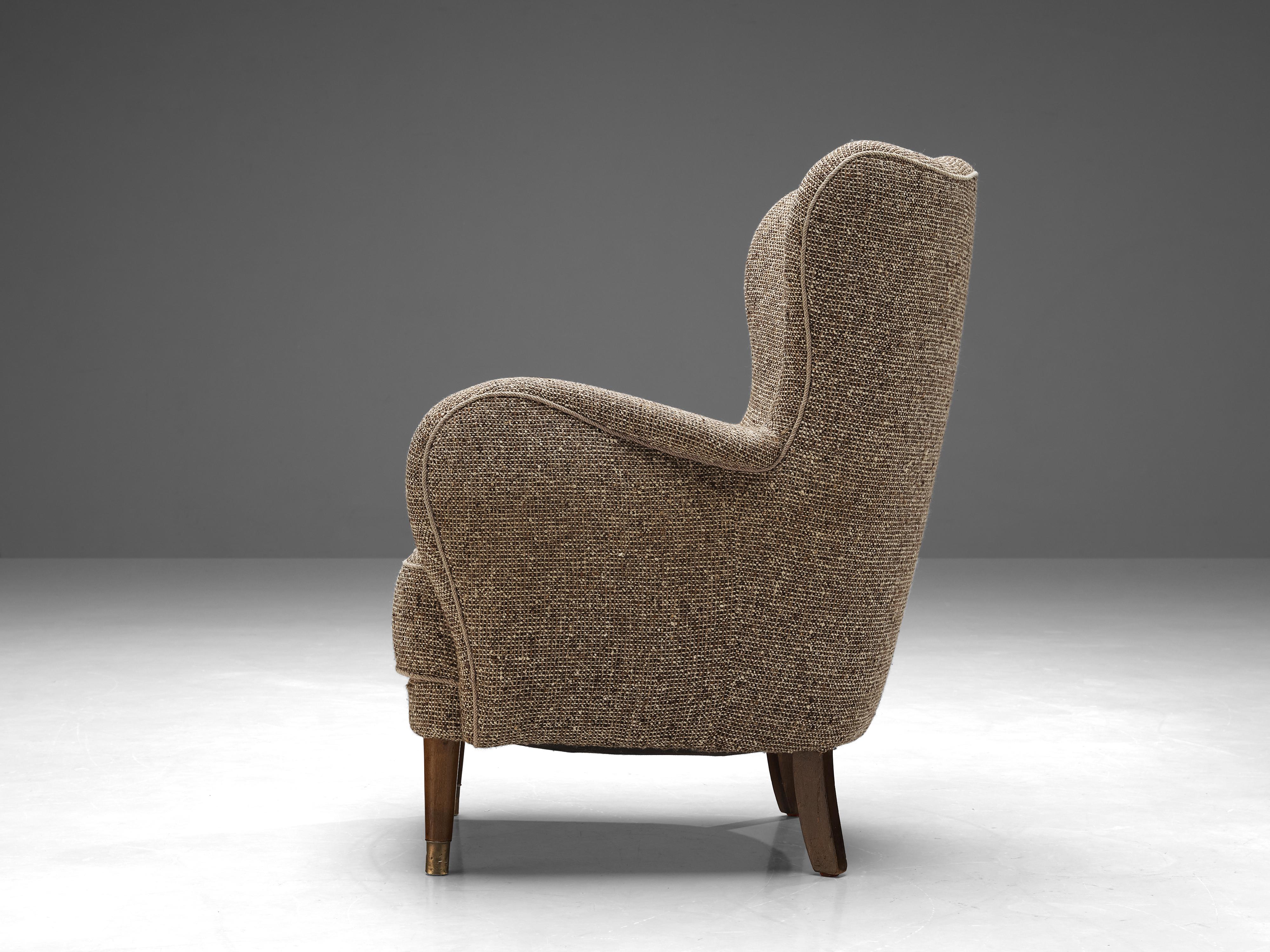 Beech Danish Lounge Chair in Brown Grey Upholstery