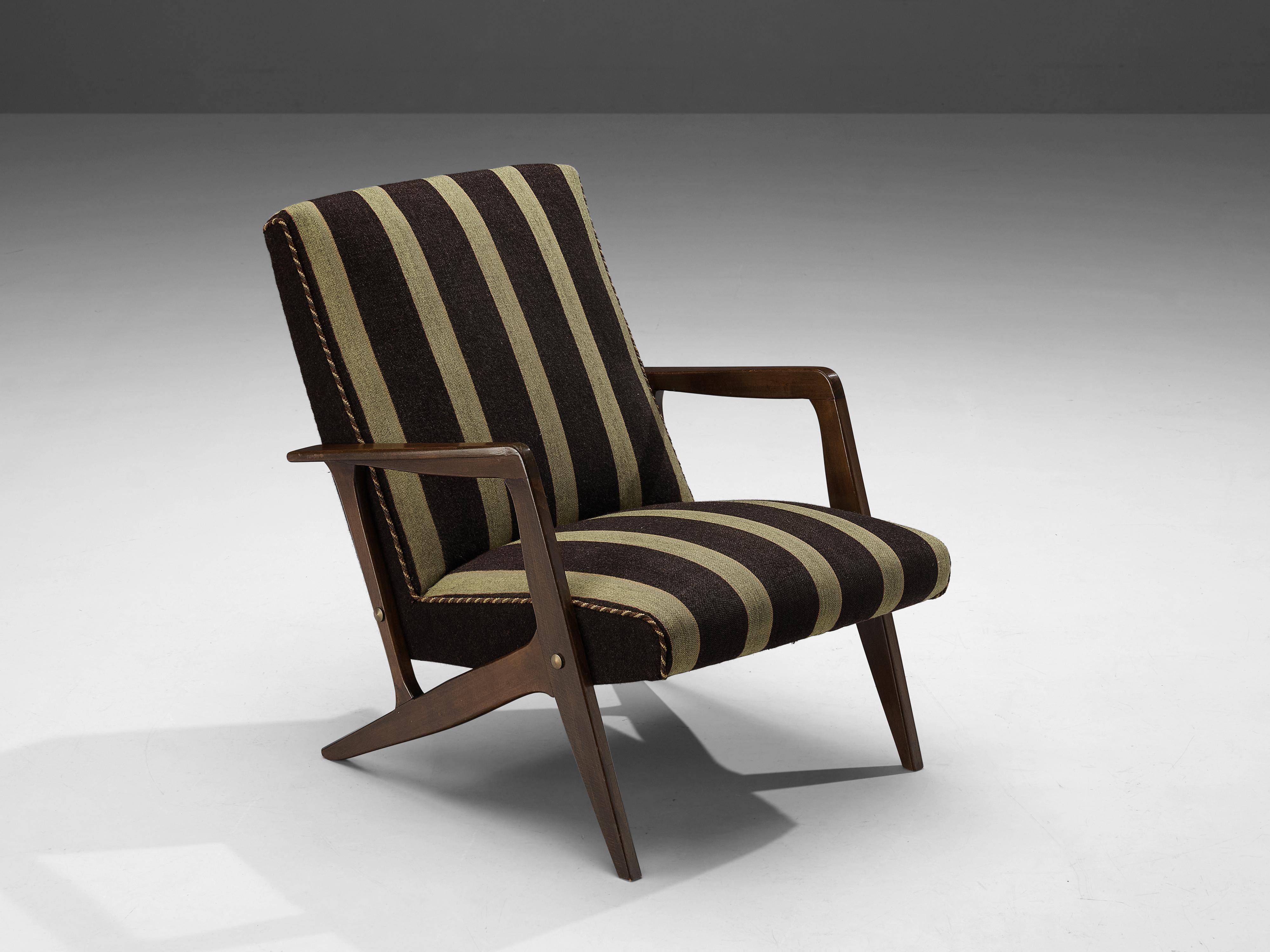 Fabric Danish Lounge Chair in Brown Striped Upholstery