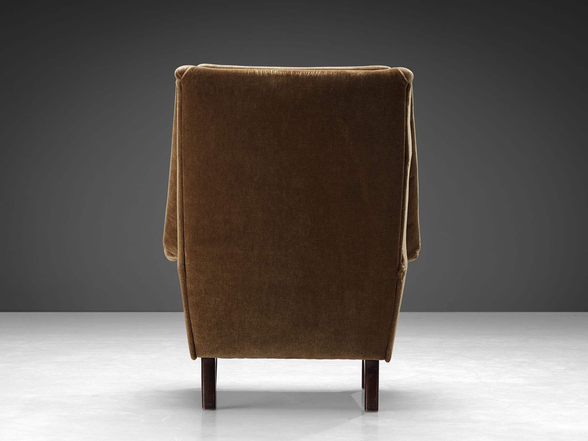 Scandinavian Modern Danish Lounge Chair in Dark Stained Teak and Olive Green Velvet Upholstery For Sale