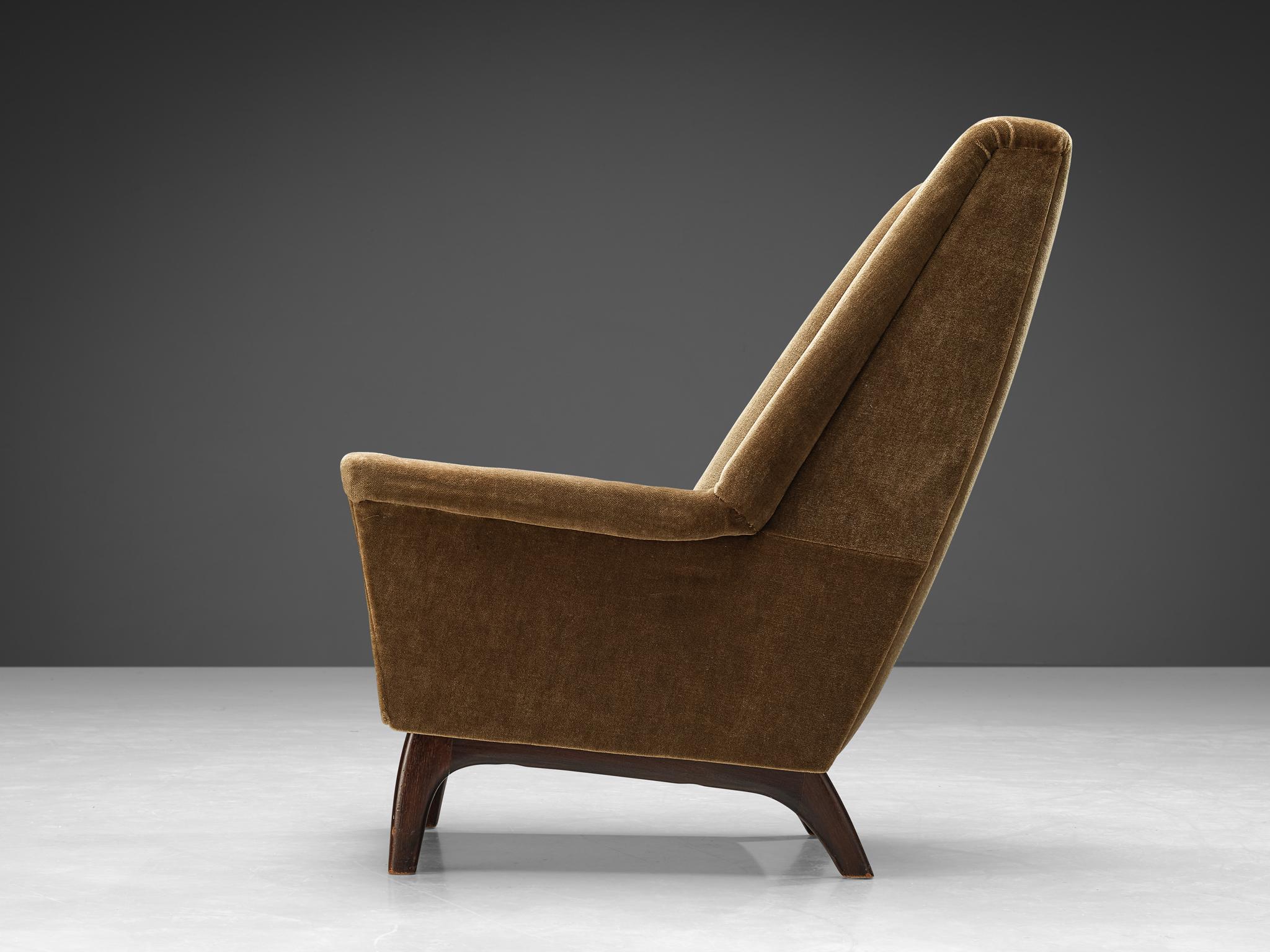 Mid-20th Century Danish Lounge Chair in Dark Stained Teak and Olive Green Velvet Upholstery For Sale