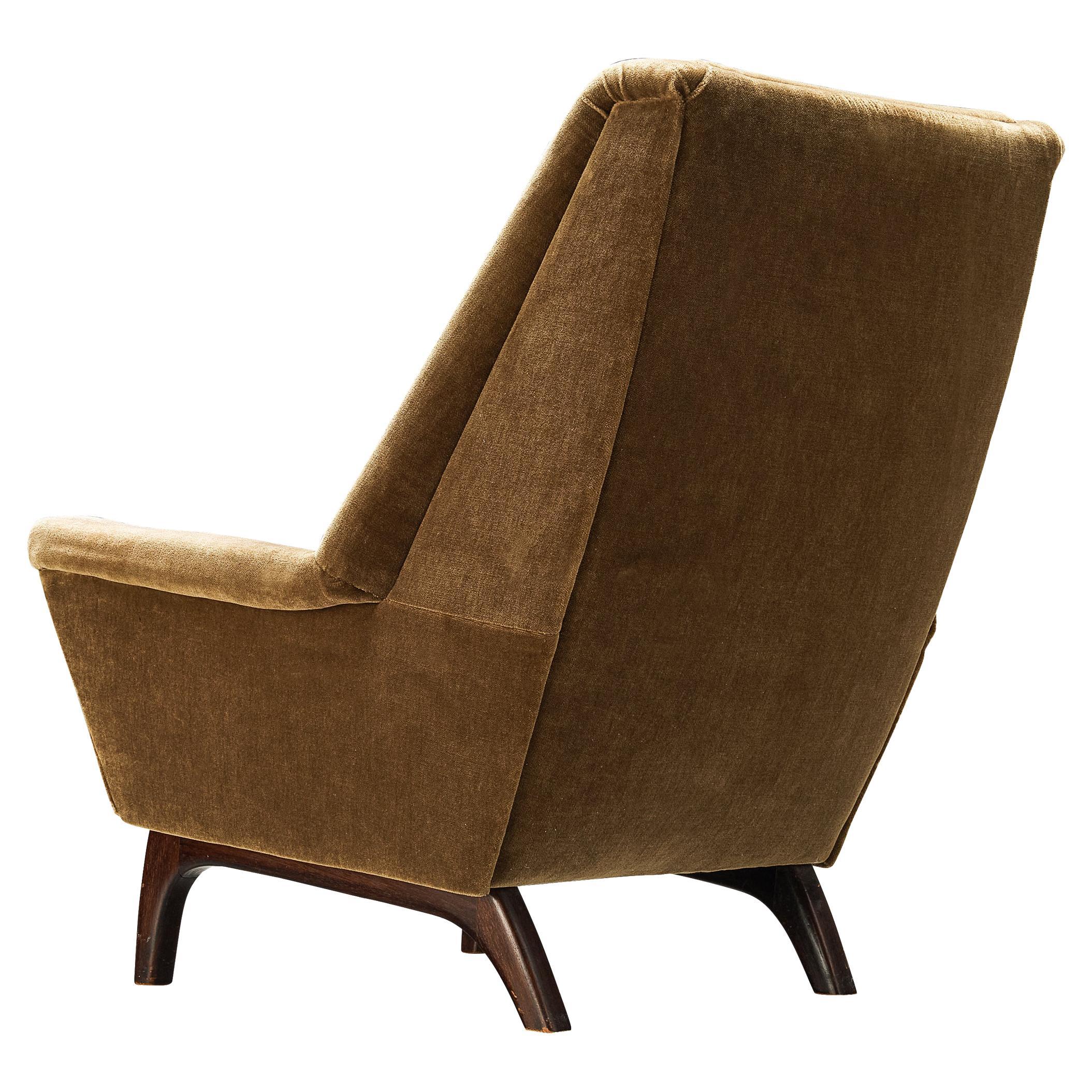 Danish Lounge Chair in Dark Stained Teak and Olive Green Velvet Upholstery For Sale