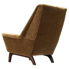 Fauteuil de salon danois en teck teinté foncé et tissu de velours vert olive