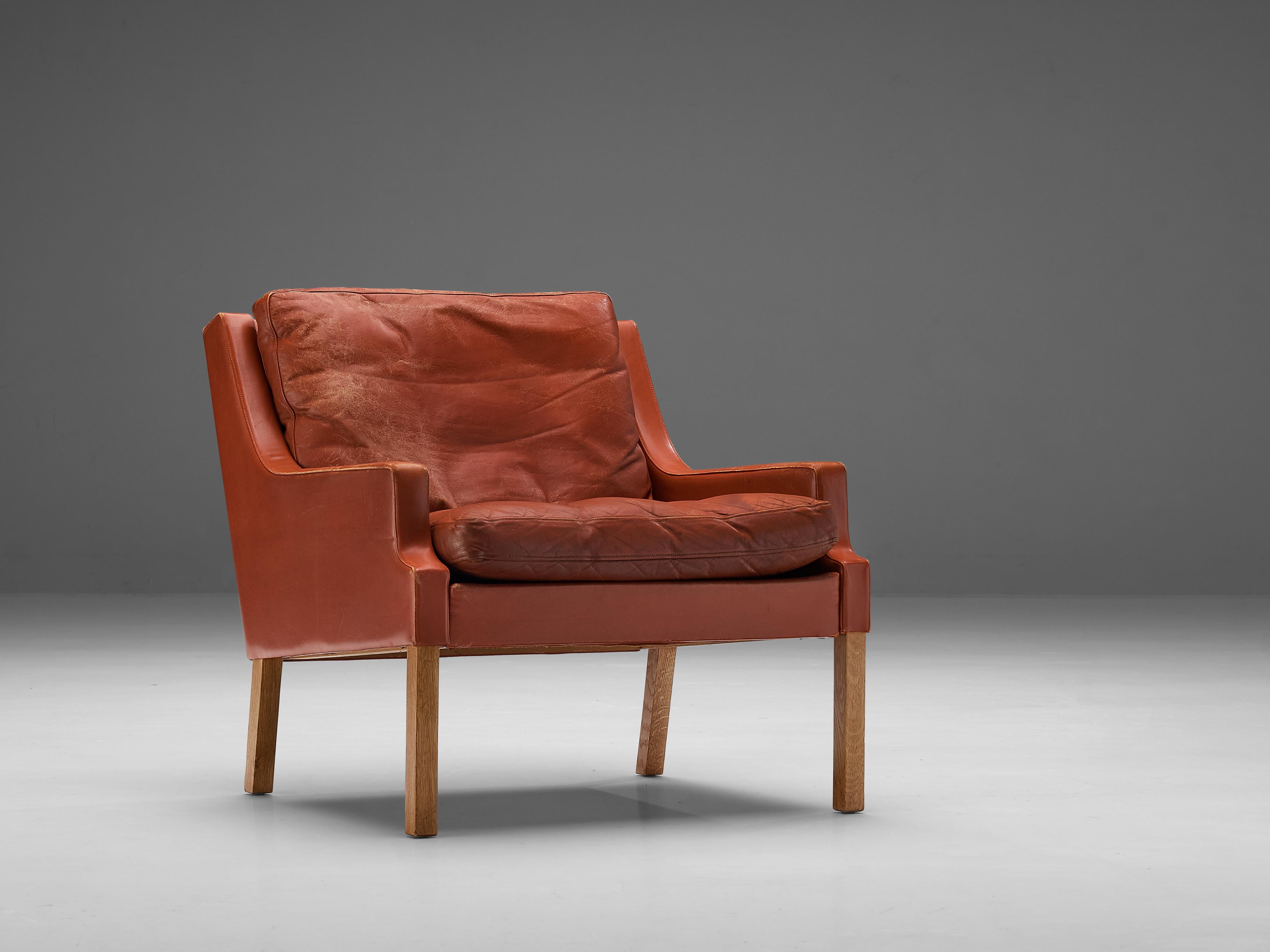 Lounge chair, oak, leather, Denmark, 1950s

Lounge chair with visual references to Børge Morgensen’s designs. The slightly tilted backrest is joined by very low armrests which frame the seat. A patinated seat and backrest cushion provides comfort.