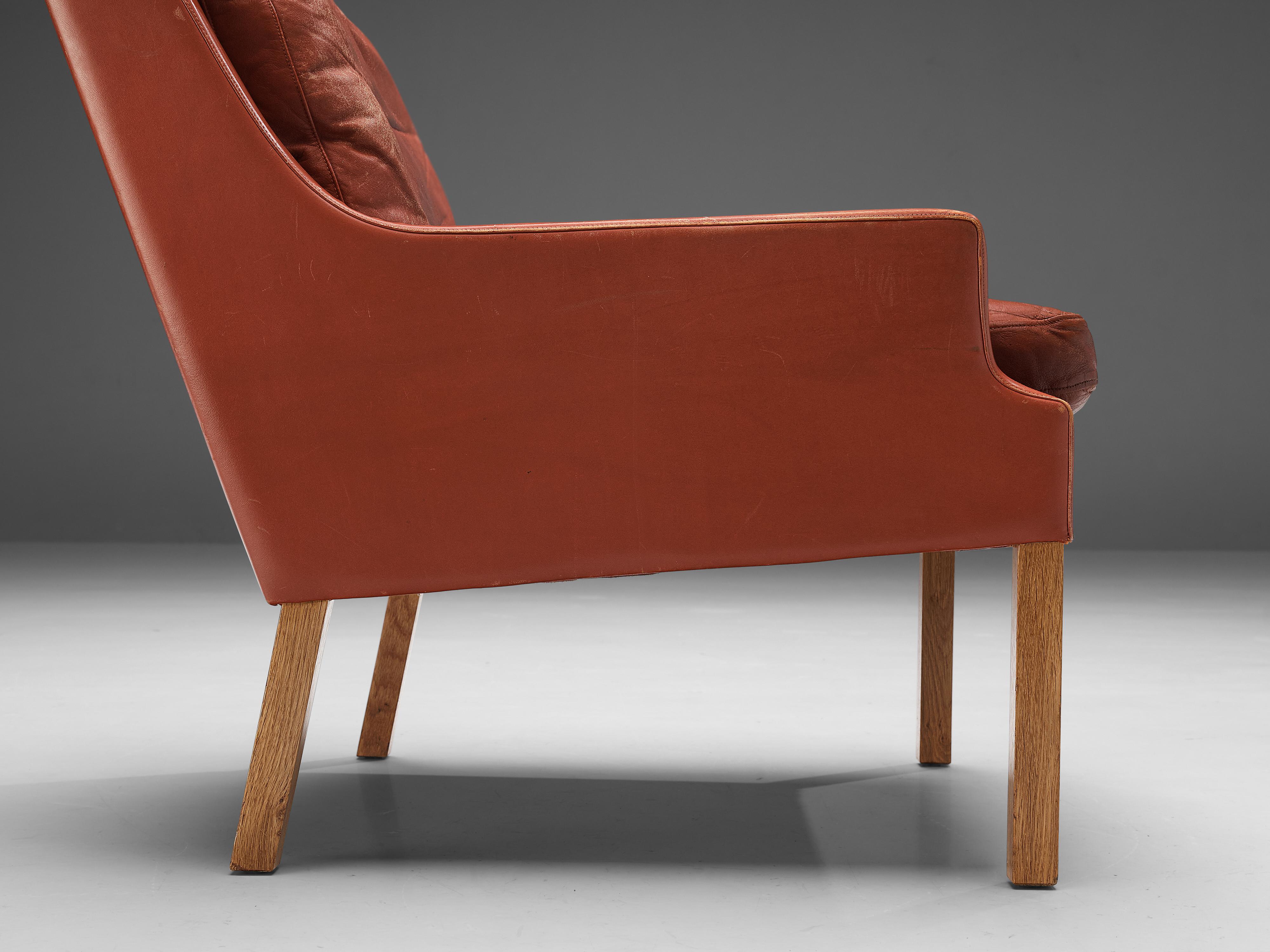 Mid-20th Century Danish Lounge Chair in Oak and Patinated Red Leather  For Sale