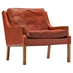 Vintage Danish Lounge Chair in Oak and Patinated Red Leather 