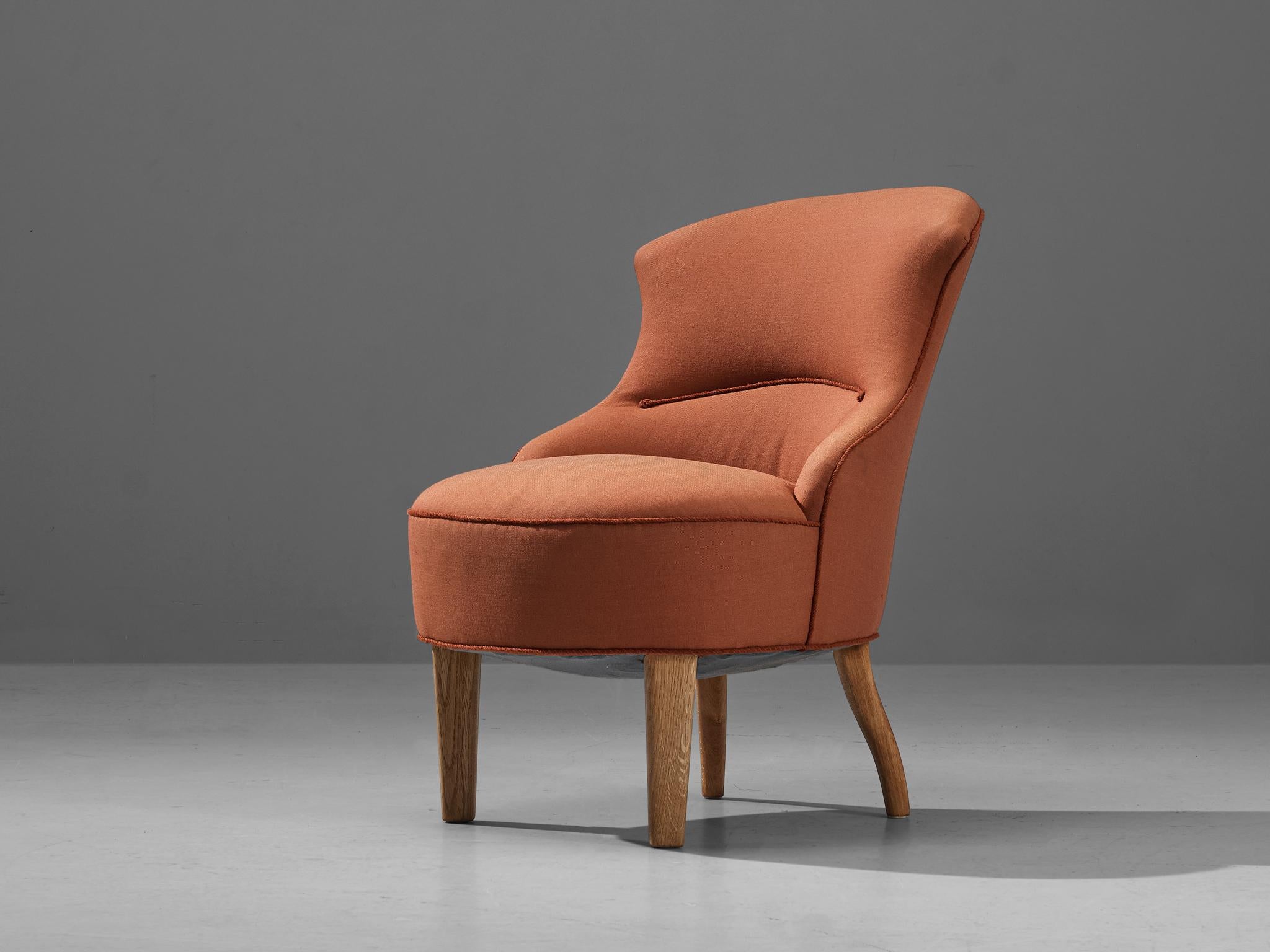 Scandinavian Modern Danish Lounge Chair in Oak and Salmon Orange Upholstery