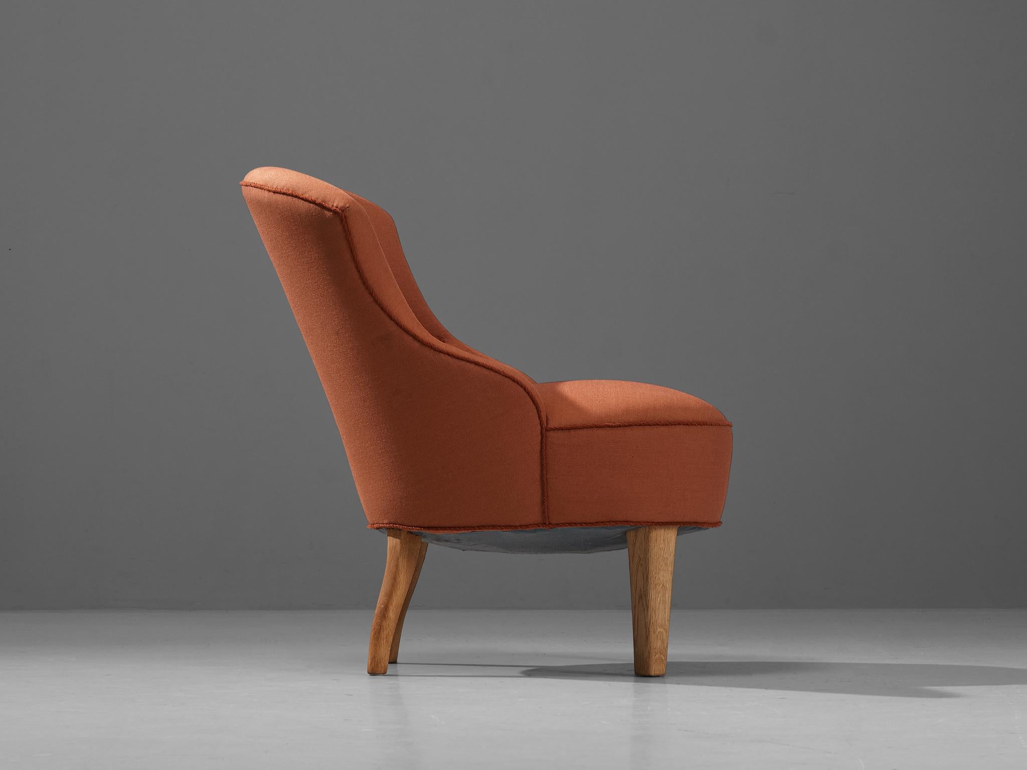 Danish Lounge Chair in Oak and Salmon Orange Upholstery 1
