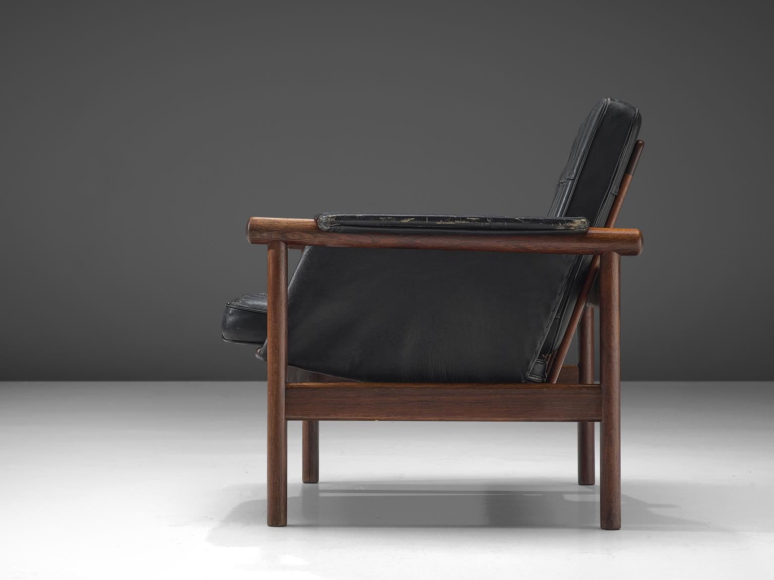 Scandinavian Modern Illum Wikkelsø Lounge Chair in Original Black Leather and Rosewood, 1960s