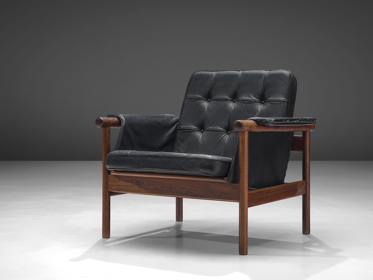 Danish Illum Wikkelsø Lounge Chair in Original Black Leather and Rosewood, 1960s
