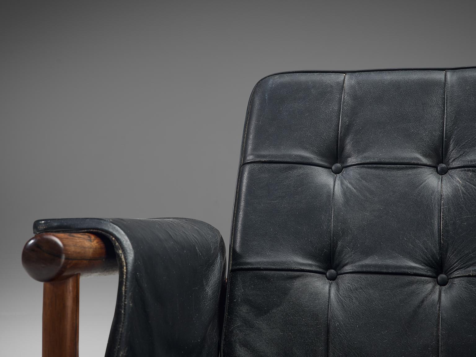 Illum Wikkelsø Lounge Chair in Original Black Leather and Rosewood, 1960s 2
