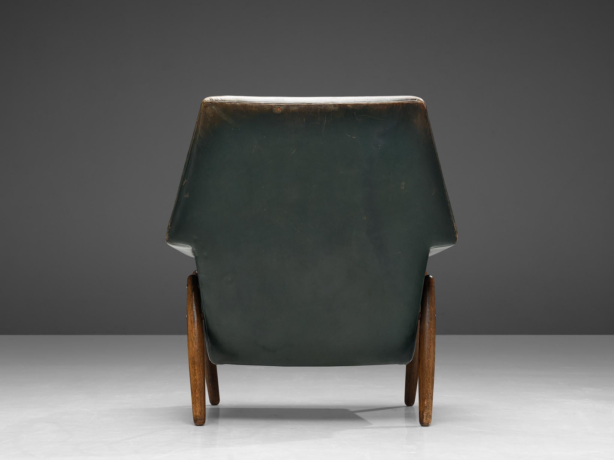 Scandinavian Modern Danish Lounge Chair in Patinated Green Leather