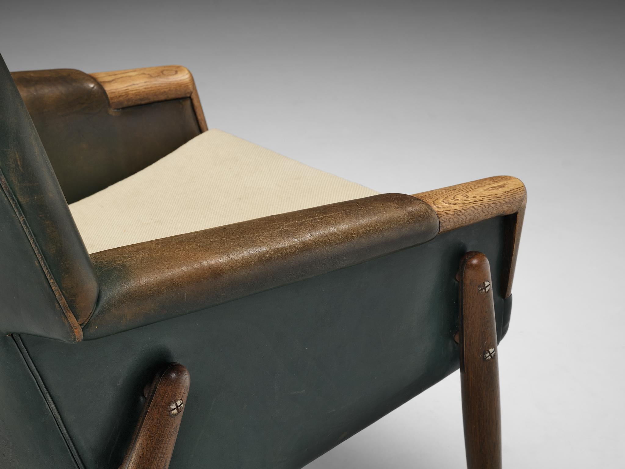 Danish Lounge Chair in Patinated Green Leather In Good Condition In Waalwijk, NL