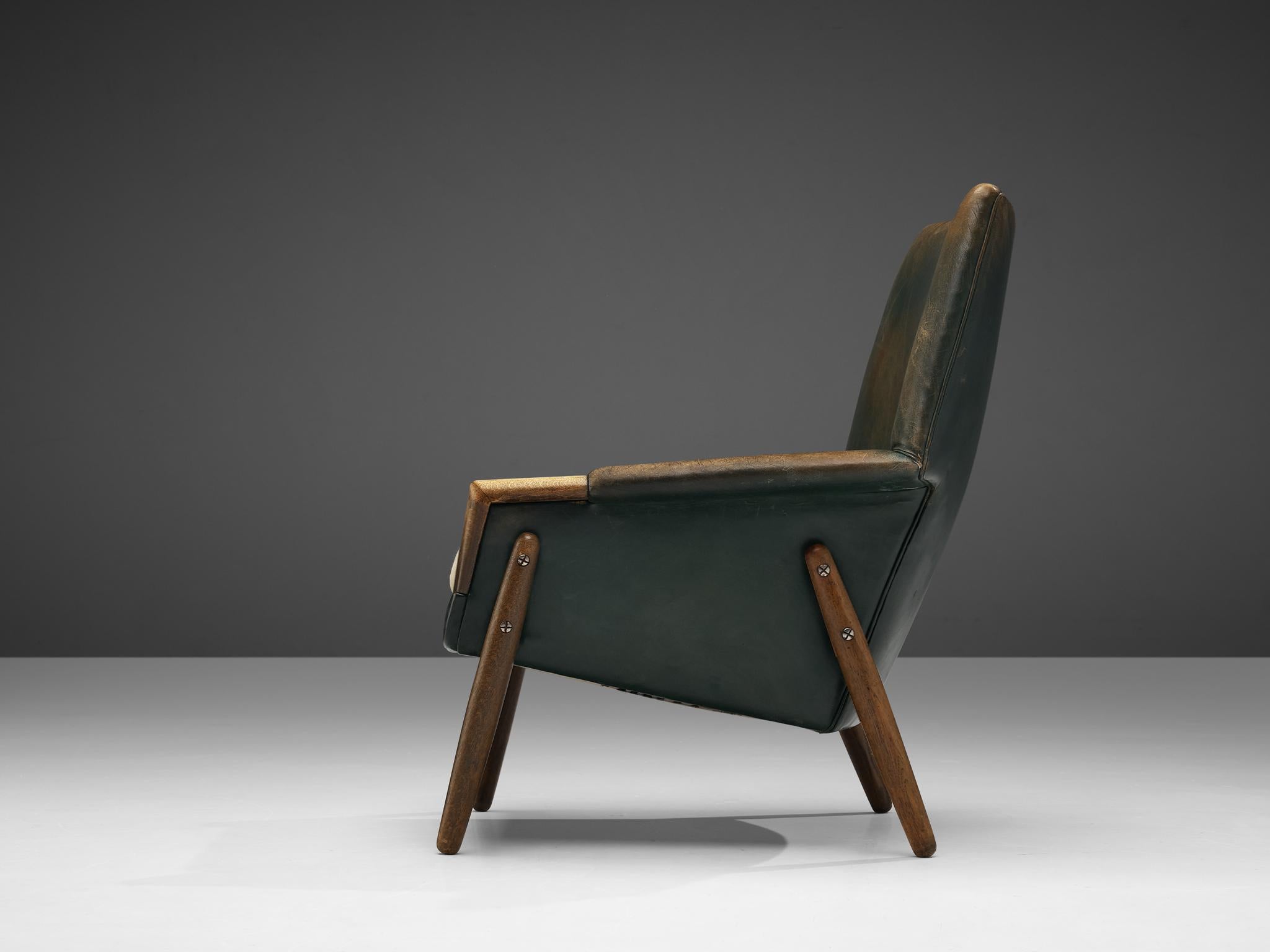 Mid-20th Century Danish Lounge Chair in Patinated Green Leather
